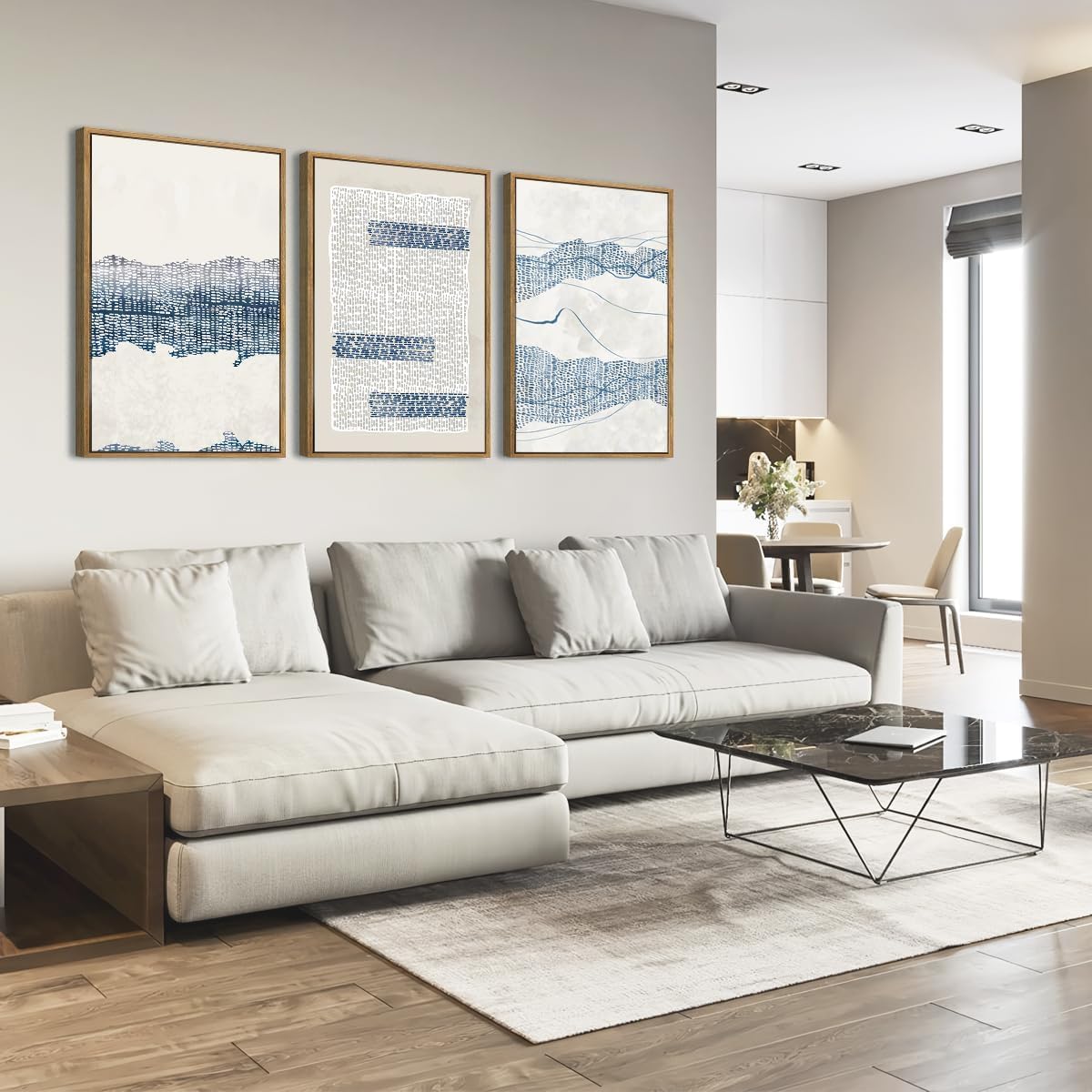 CHDITB 3pcs Large Blue Abstract Framed Canvas Wall Art,Abstract Boho Framed Wall Decor,Neutral Modern Art Prints,Blue Canvas,Minimalst boho Artworks for Living Room Bedroom Office(30x40cm) - Image 2