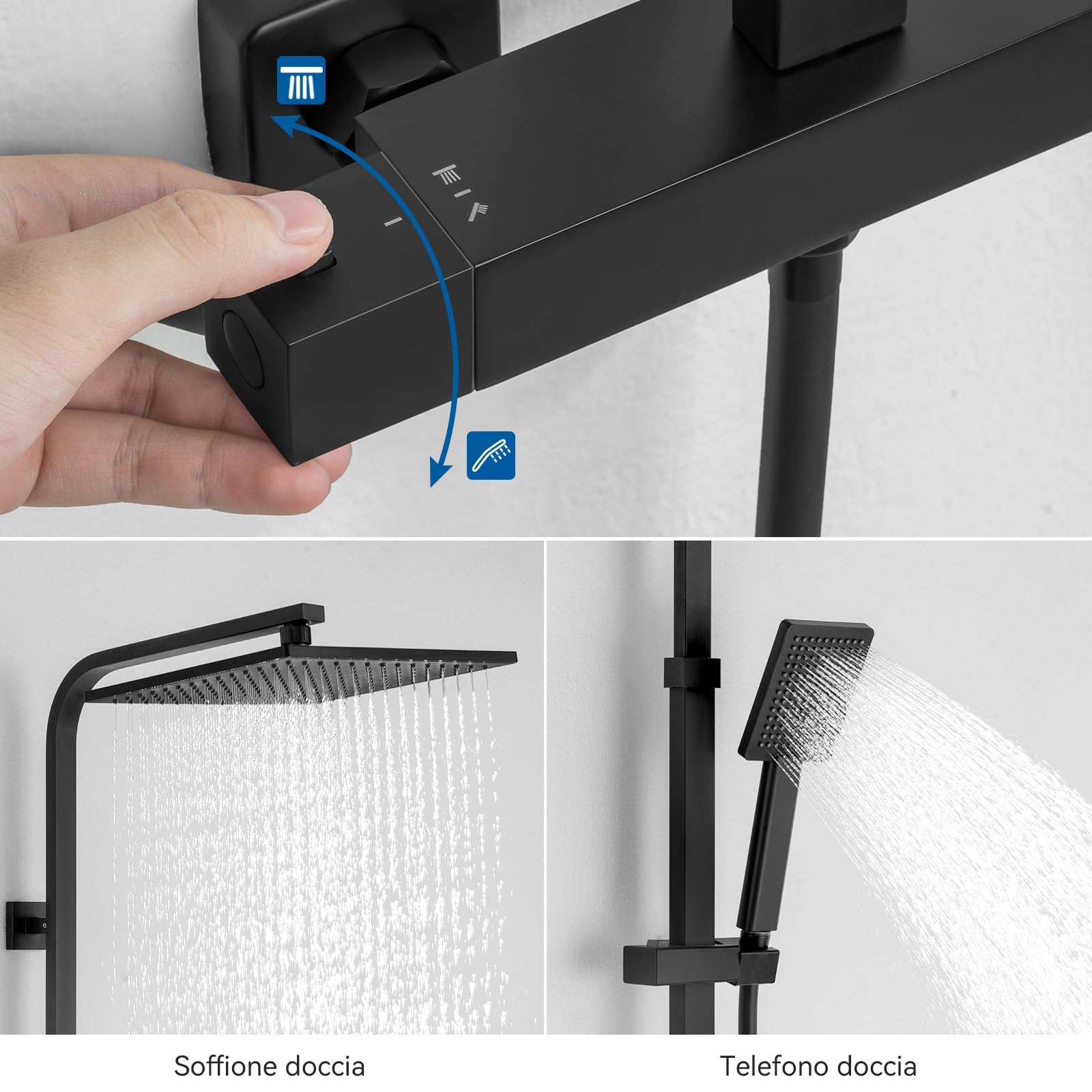 Auralum Colonna Doccia Nera con Miscelatore Termostatico, Miscelatore Doccia Esterno Ottone, Set Doccia Soffione Quadrato 25cmx25cm, Asta Saliscendi Doccia in Acciaio Inox Altezza Regolabile 97-130cm