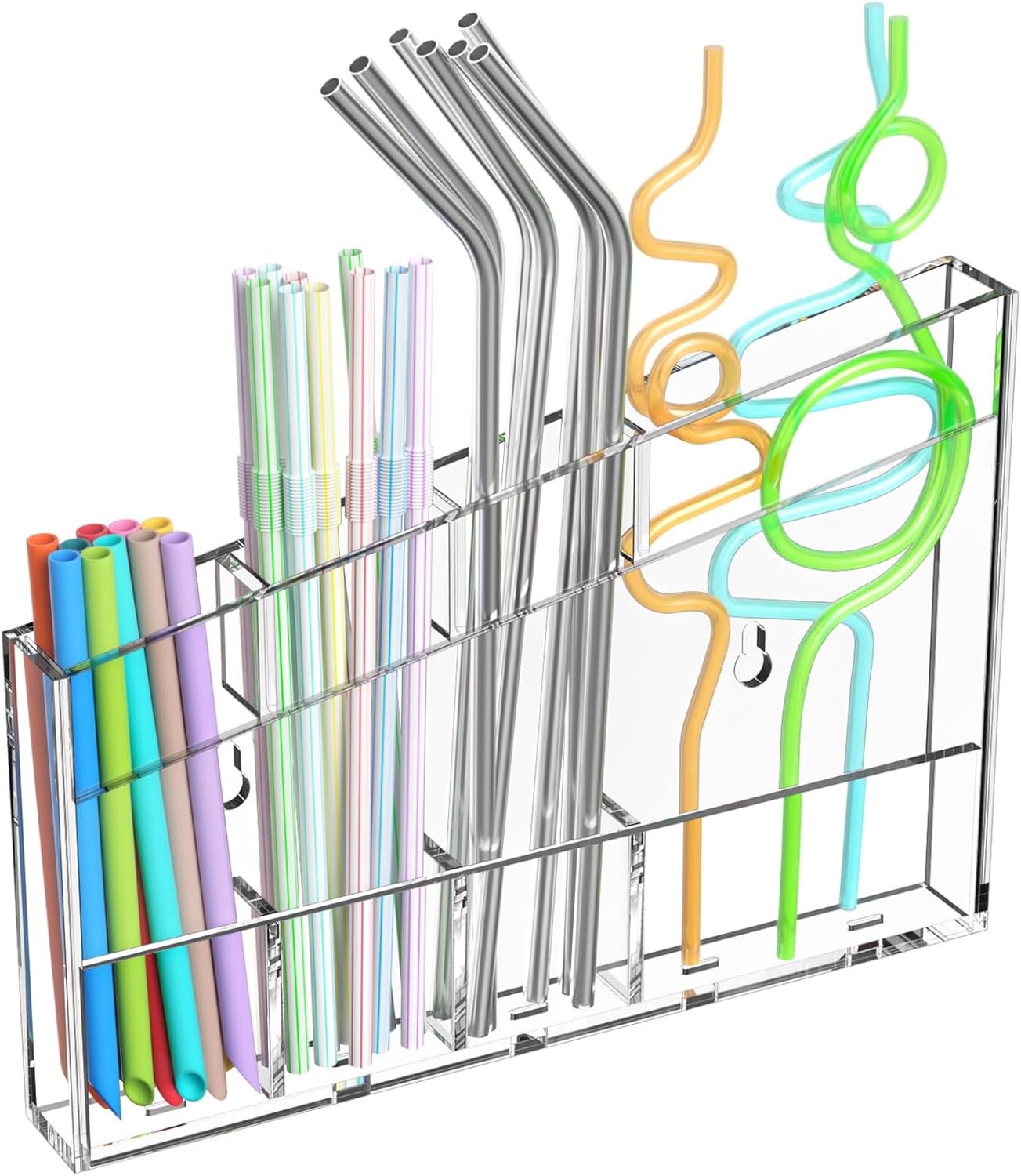 Acrylic Straw Holder for Cabinet - 9.5 Inch Clear Reusable Straw Organizer Dispenser with Ultra Sticky Adhesive Tapes, Slanted Kitchen Accessories Container Cupboard Door Mounted