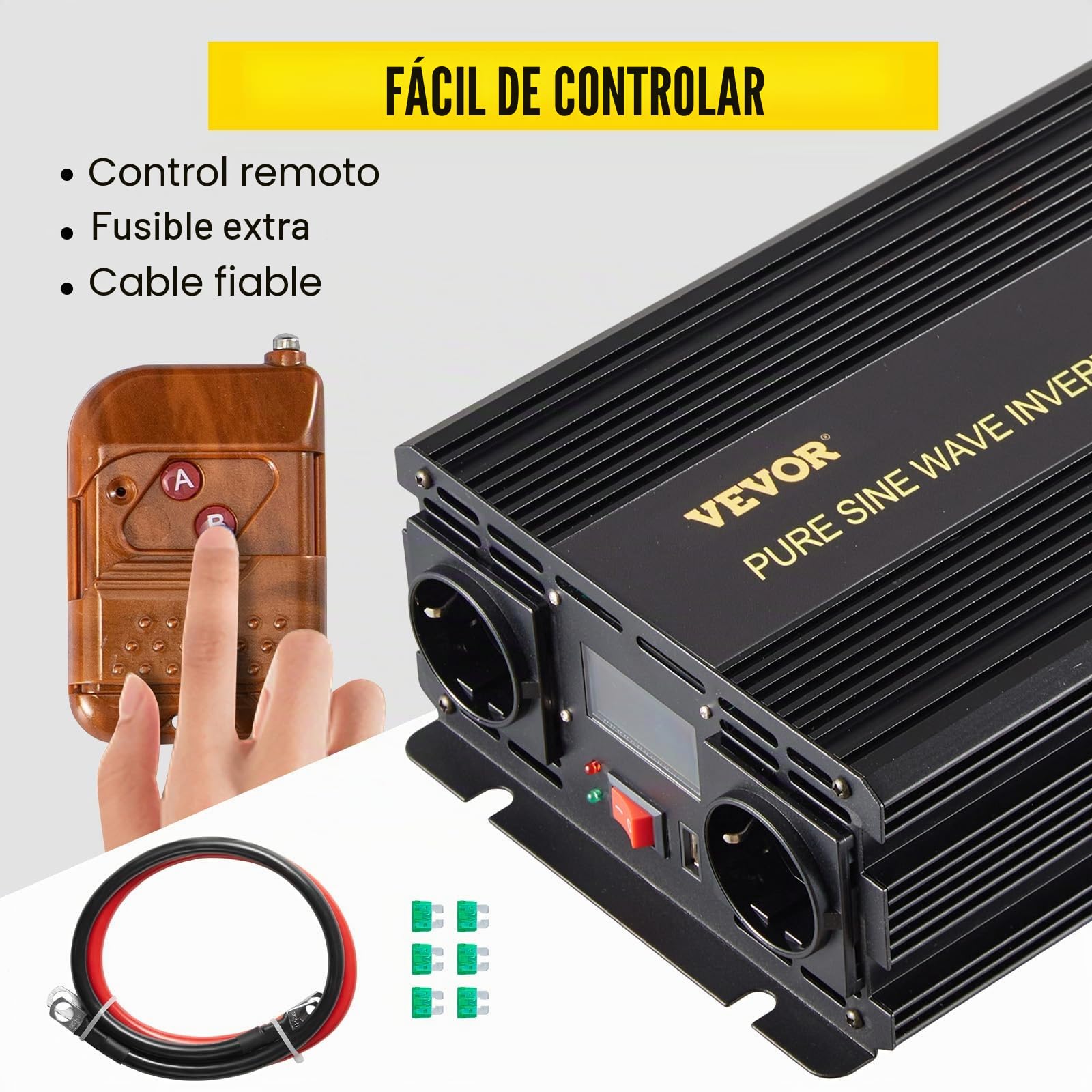 VEVOR - Convertidor sinusoidal Puro CC 12V a CA 230V, convertidor sinusoidal Puro 2500W, inversor de Onda sinusoidal con Pantalla LCD, Voltaje Puro, Protecciones de Seguridad con Mando a Distancia y