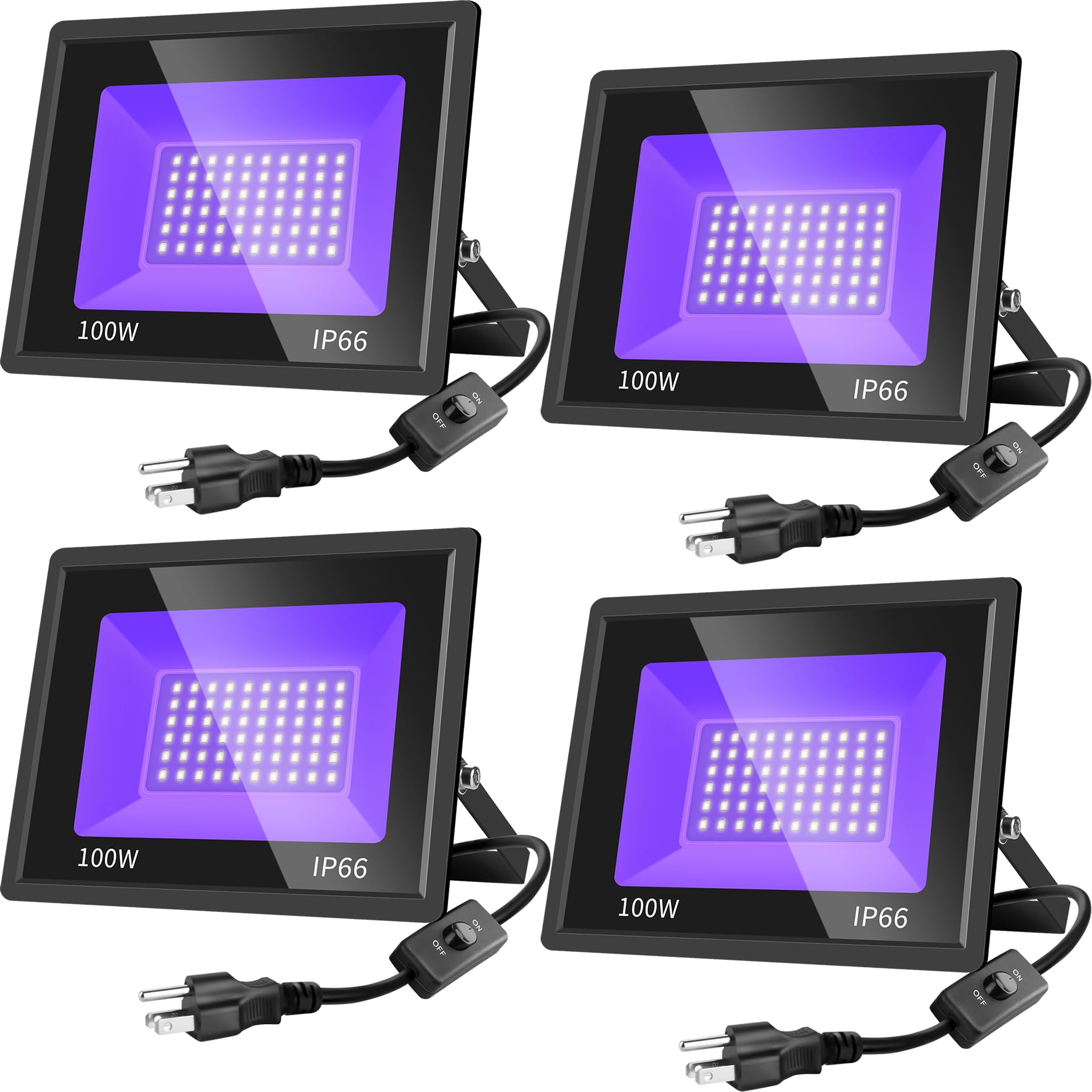 Gopretty 4 Pack 100W LED Black Lights, Blacklight Flood Light with Plug & Switch, IP66 Outdoor Waterproof Blacklight for Halloween Party, Stage Light, Body Paint, Neon Glow 110V~265V AC
