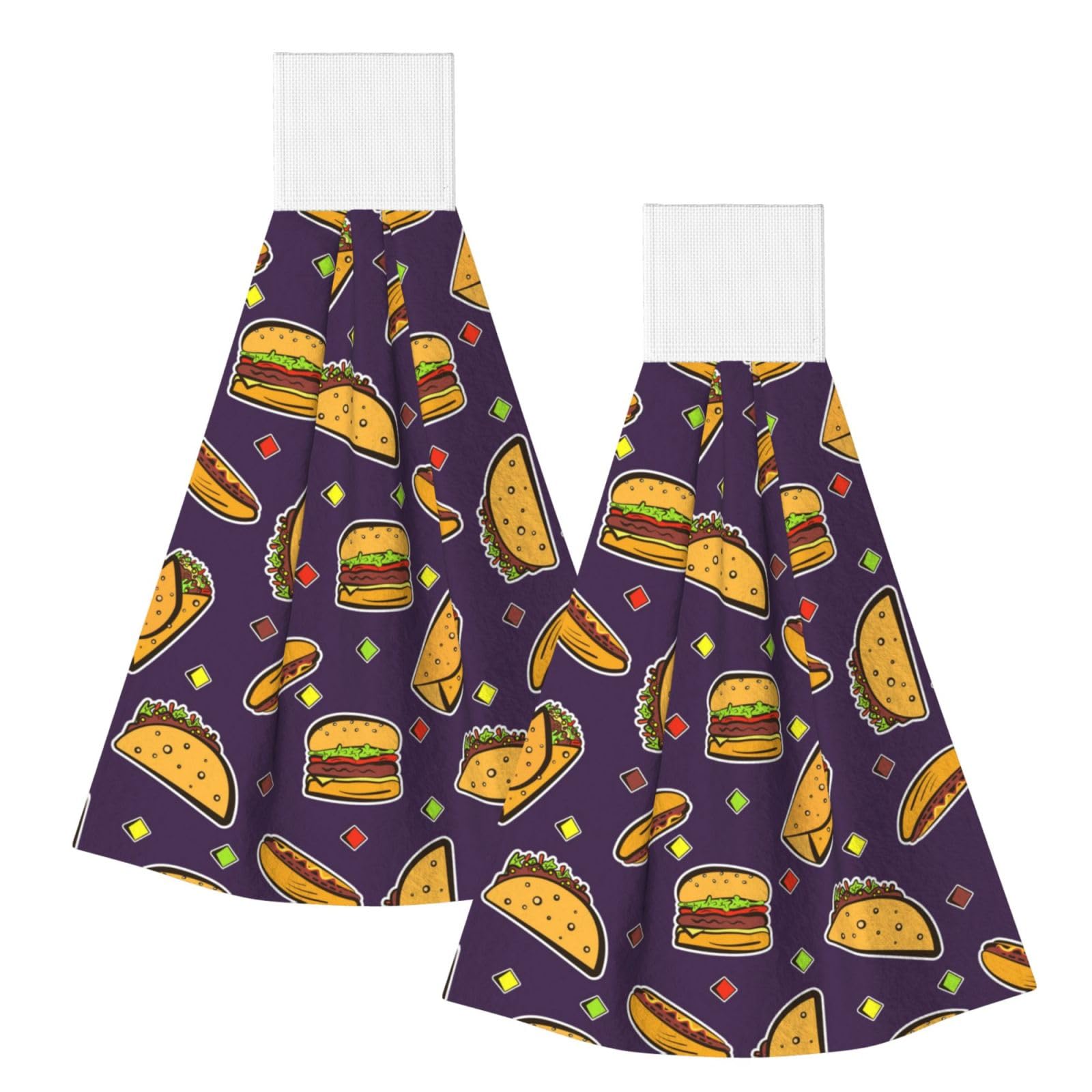 DOPKLNA Taco Hamburger Hot Dog Pattern, 2 Pcs Hanging Coral Fiber Hand Towels for Bathroom, Absorbent Kitchen Towels