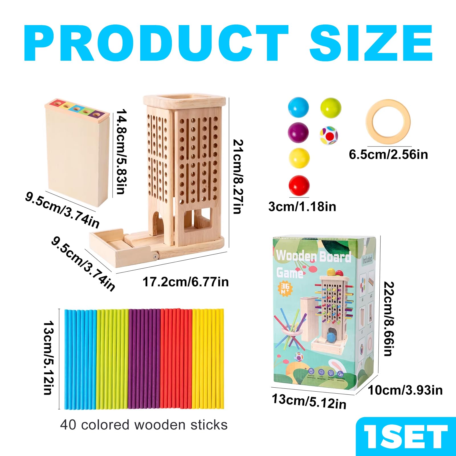 SiumPklay Wooden Montessori Sorting Game for Kids Jenga-Style Operation Board Game with 40 Sticks, 6 Balls & Dice - Image 2