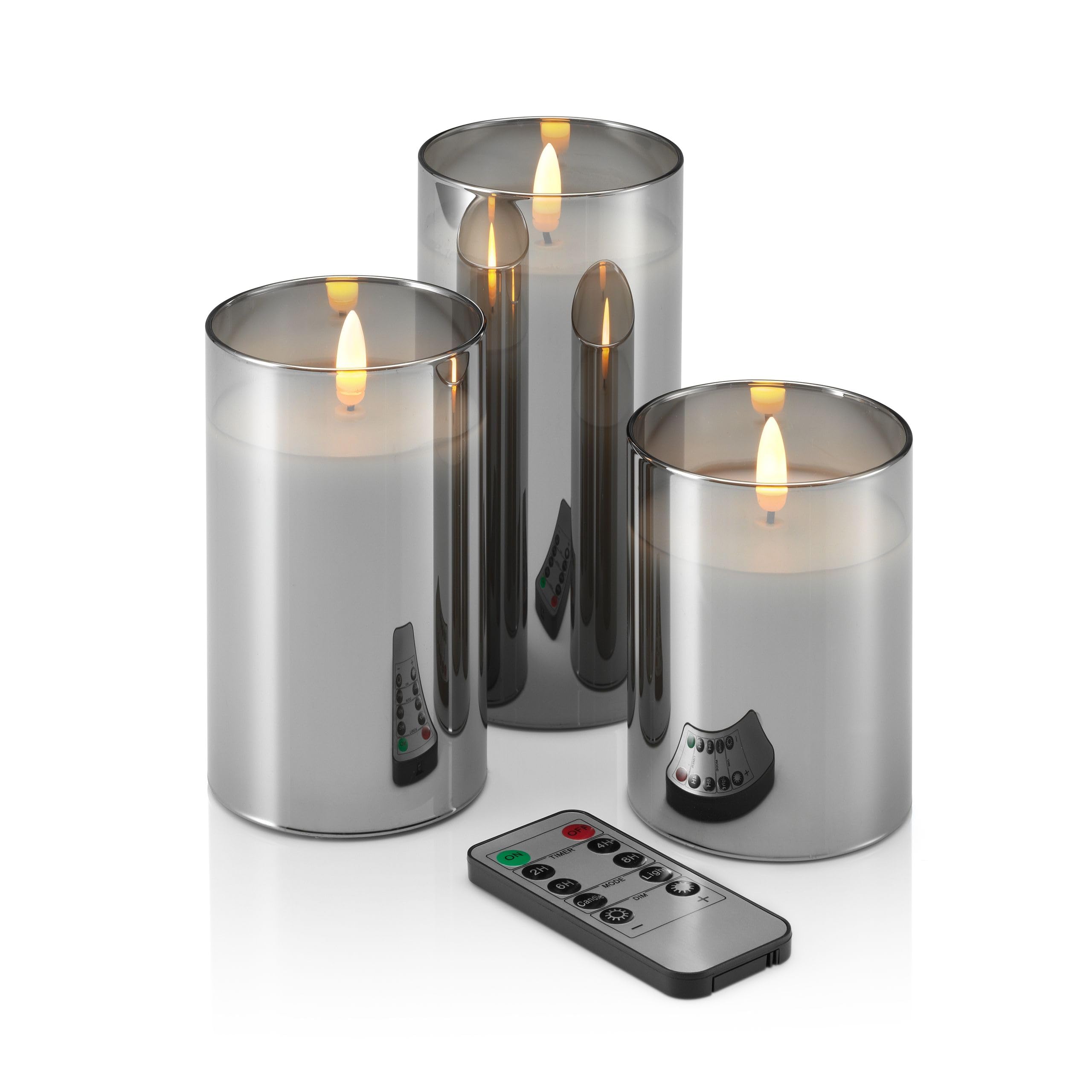 Auraglow Set of 3 LED Battery Operated Remote Controlled Smoked Glass Candles Flameless Real Wax Realistic Flickering Flame Effect with Timer, Light and Brightness Functions