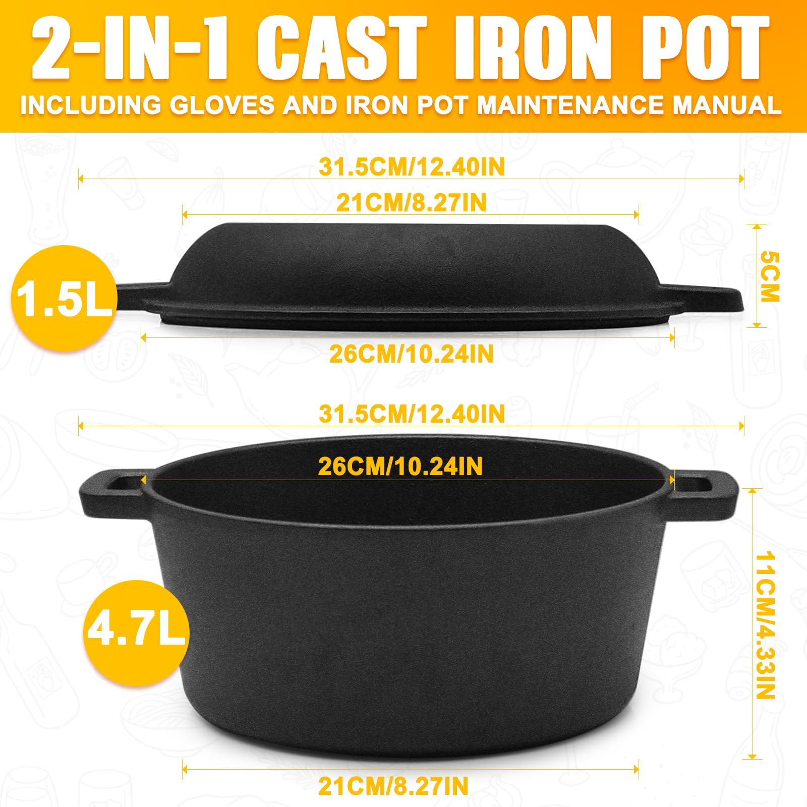 Cocotte in Ghisa 2 in 1 con Coperchio Teglia per Pane – Pentola da Forno Ø26 cm, 4,7 L – Compatibile con Induzione e Forno, Cottura Uniforme e Durevole, Senza Rivestimento Chimico