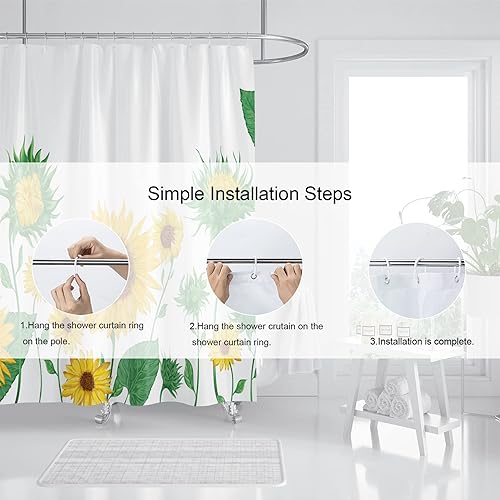 Miniatura 6 de Hipposama Cortina de ducha de girasol, juego de cortina de ducha de girasol amarillo de primavera campestre, cortinas de ducha florales de acuarela