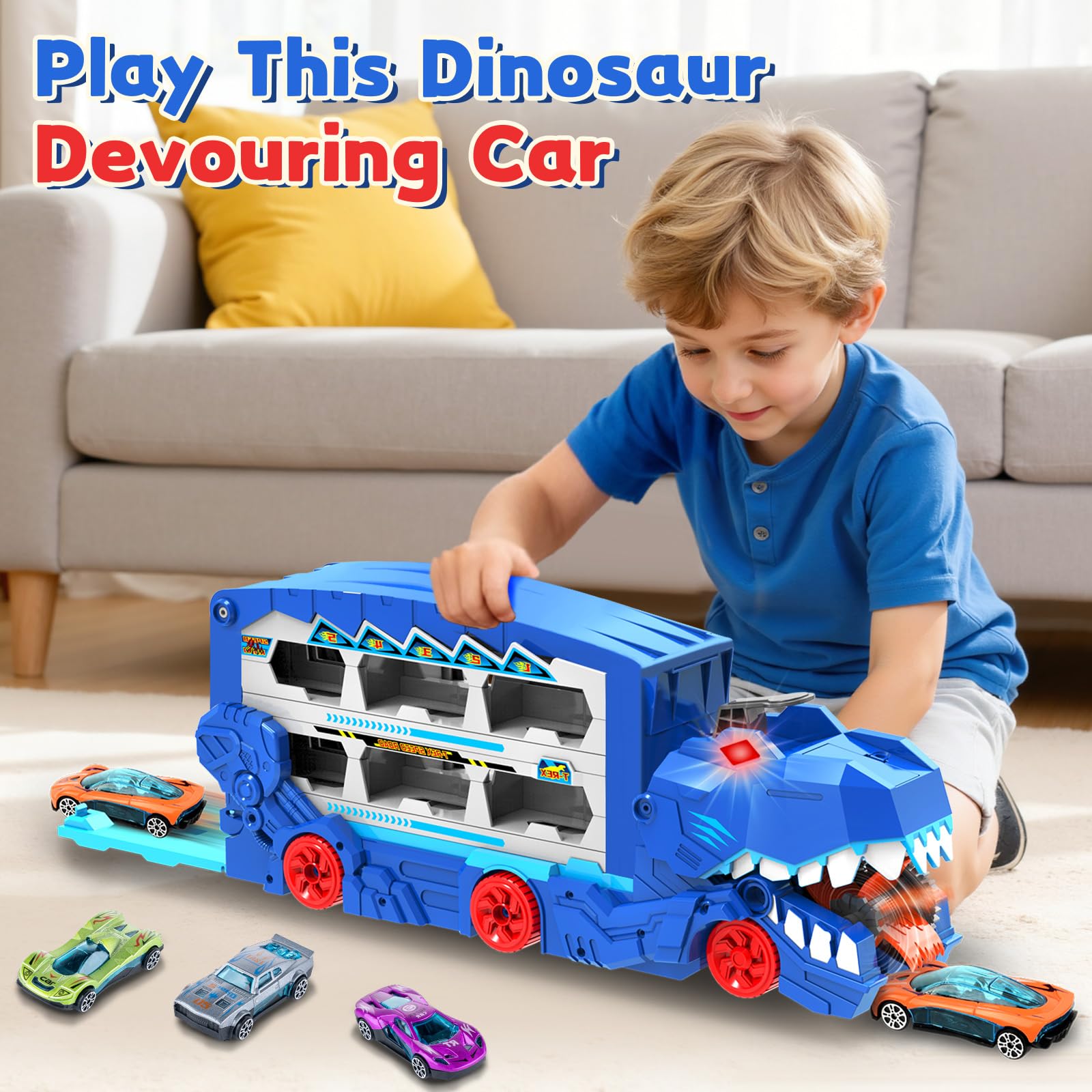 Ultimate Transporter - Juego de juguetes de pista de carreras de dinosaurios para niños, camión portador de 6 pies con 8 coches de juguete de metal fundido a presión, coche de carreras con