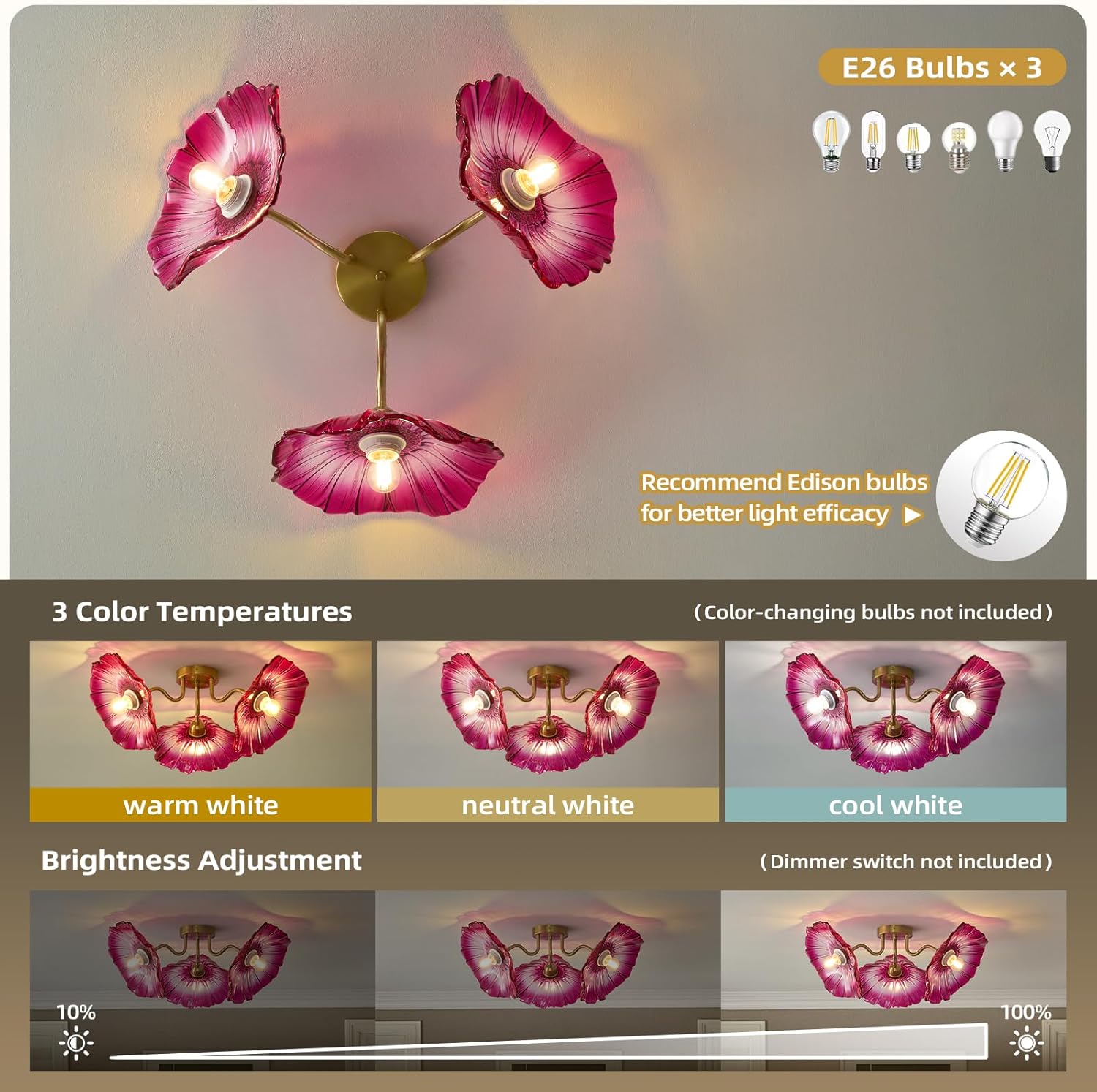 Flower Glass 3 Lights Ceiling Light - Red Vintage Floral Semi Flush Mount Chandelier Lighting Fixtures - Mid Century Modern Art Deco Lamps for Bedroom Bathroom Hallway Foyer Hall Kitchen Living Room