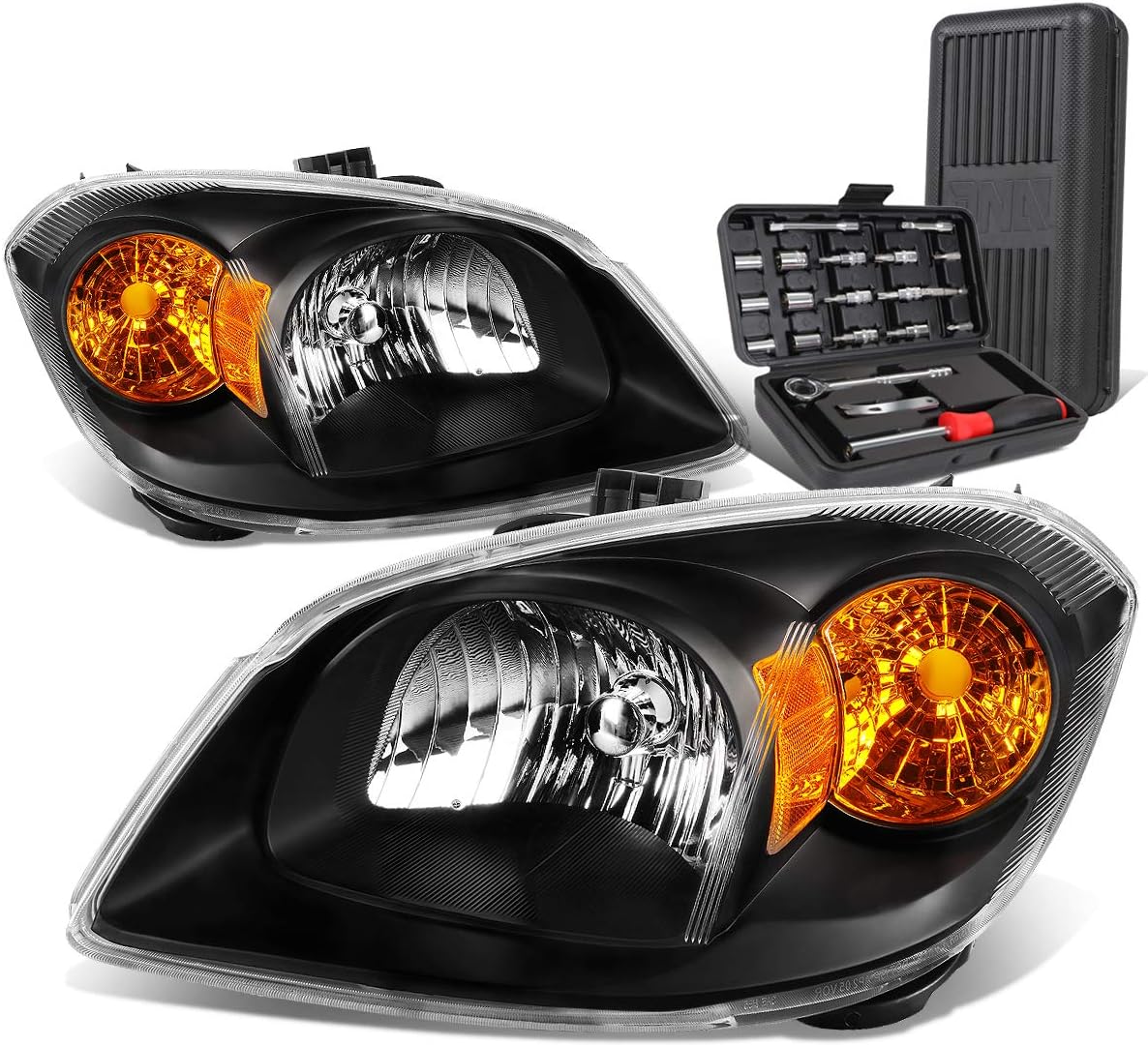 Auto Dynasty OE Style Black Housing Amber Corner Headlight Lamps+Tool Kit Compatible with Chevy Cobalt Pontiac G5 Pursuit 05-10