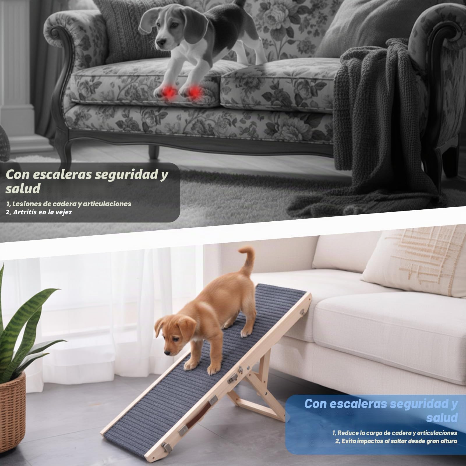 Rampa para perros de madera, Escalera para perros de 4 peldaños Ajustable de 24,5 cm a 45 cm, Rampa para perros con cojín antideslizante para sofá, coche, cama, Rampas para perros plegables
