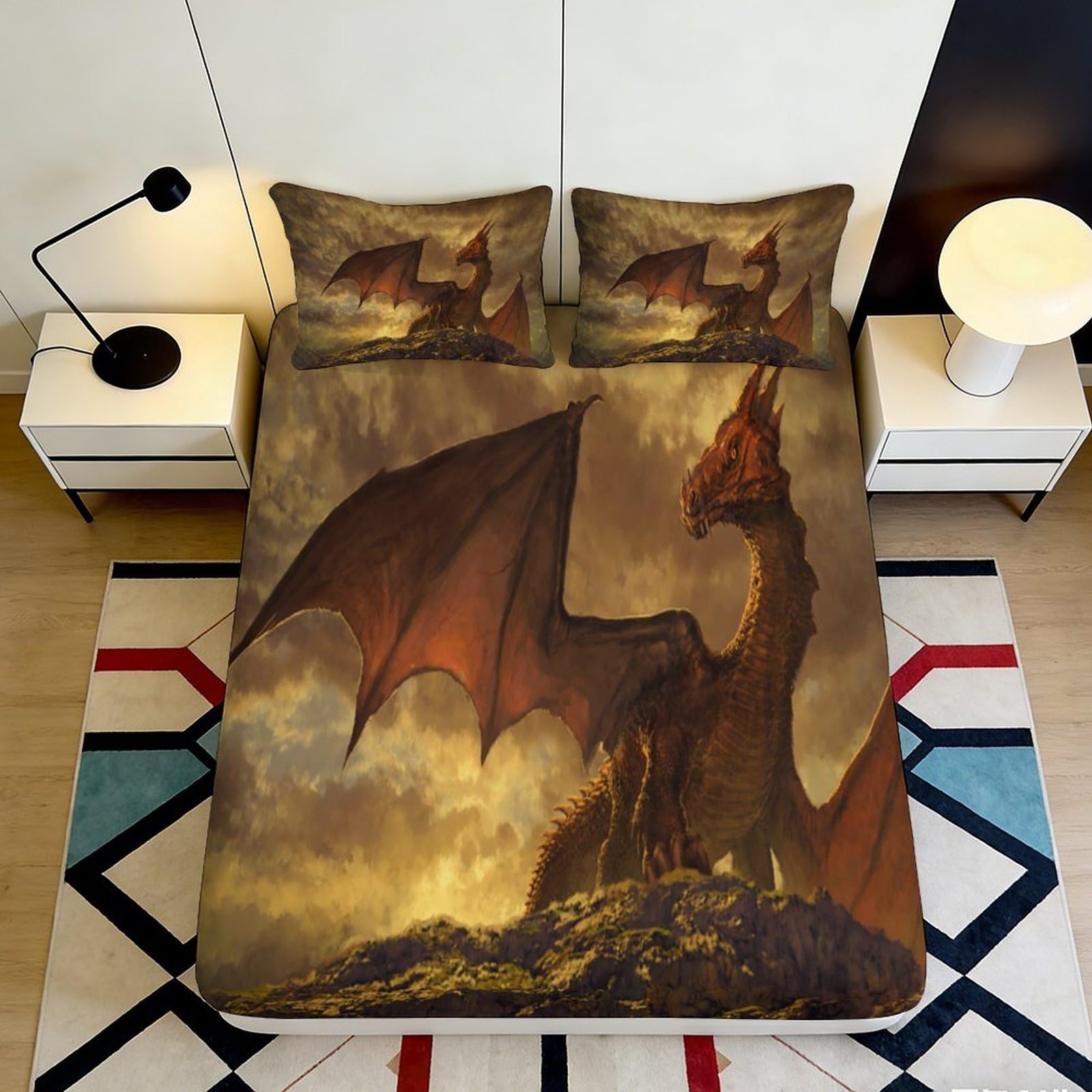 3D Printed Dragon Design Fitted Sheet Microfiber Soft Breathable Fantasy Creature Bed Cover for Bedroom Dormitory Guest Room Mattress Protection 200x200x25cm
