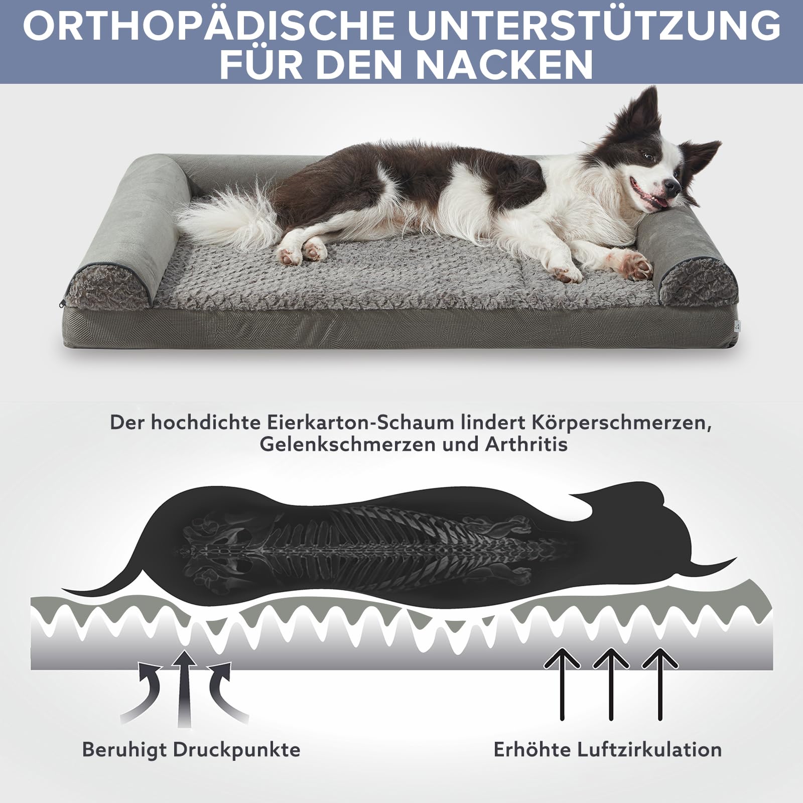 FURTIME Cuccia per cani di taglia grande, ortopedica, 89 x 64 cm, lavabile, ergonomica, con imbottitura rimovibile, antiscivolo, in gommapiuma, ortopedica