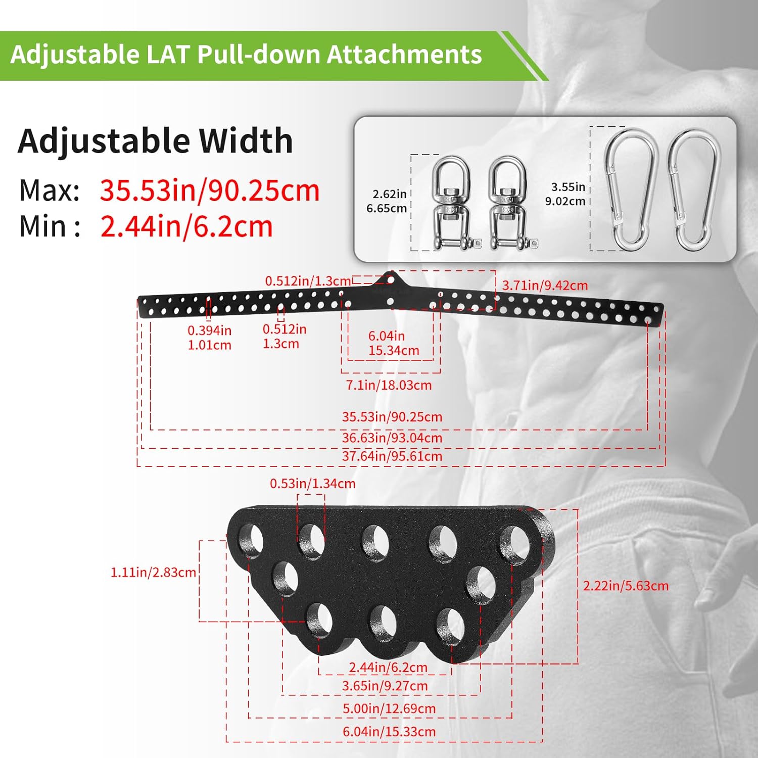 Multi-Grip LAT Pull Down Bar Hardened Powder-Coated Finish, 360° Rotating Stainless Steel Adapter, Neutral & Wide Grip Spreader Bar for Pulley System Gym & Cable Machines BLACK-38&6in