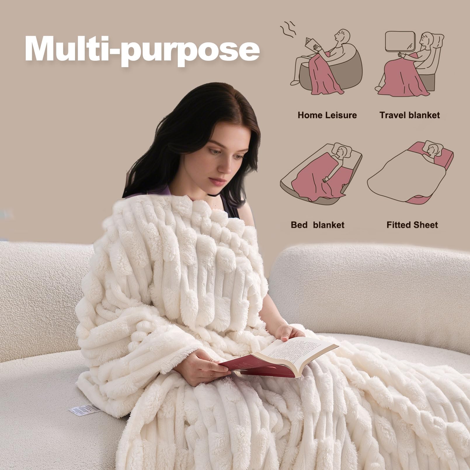 Coperta soffice, con texture morbida, extra calda, per l'inverno, ideale come coperta per divano e copriletto, buon regalo per le donne (geometria beige, 200 x 230 cm)