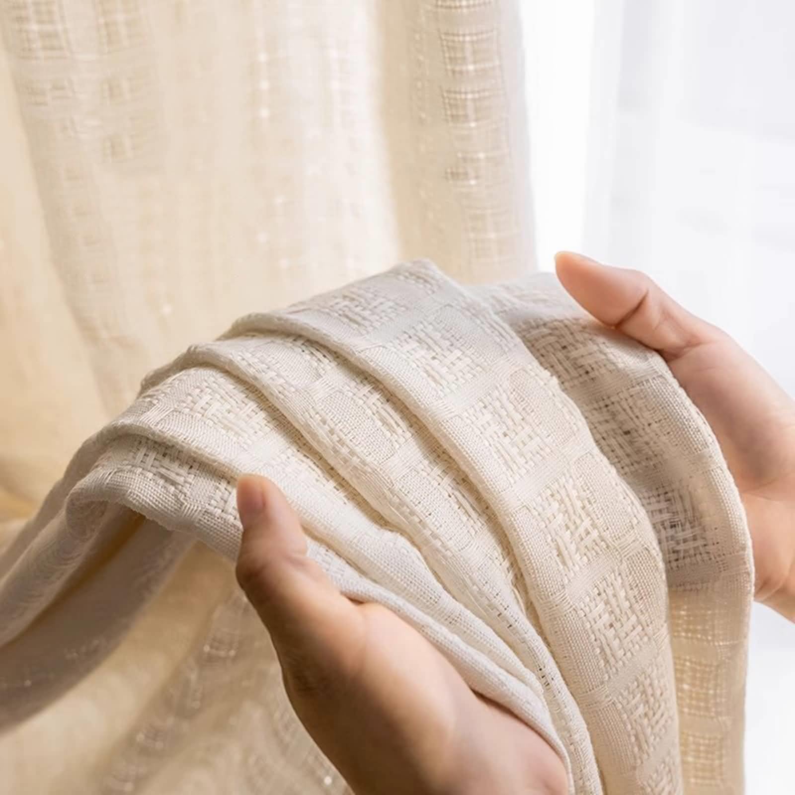 Rideau Fenêtre Semi Transparent 132x160, Rideaux Voilage pour Chambre Polyester Aspect Lin Gaufré Tissé, avec Crochet, Lot de 2