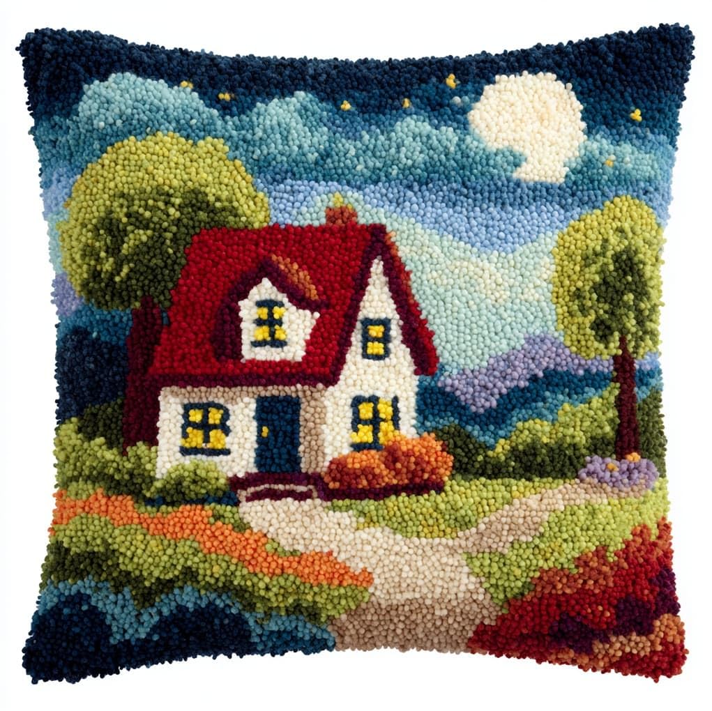 WallustrioaW Latch Hook Cushion kit,Cartoon House in the Forest,DIY Rug Cushion kit - Latch Hook Pillow for Beginners - Christmas Craft Activity,17x17in