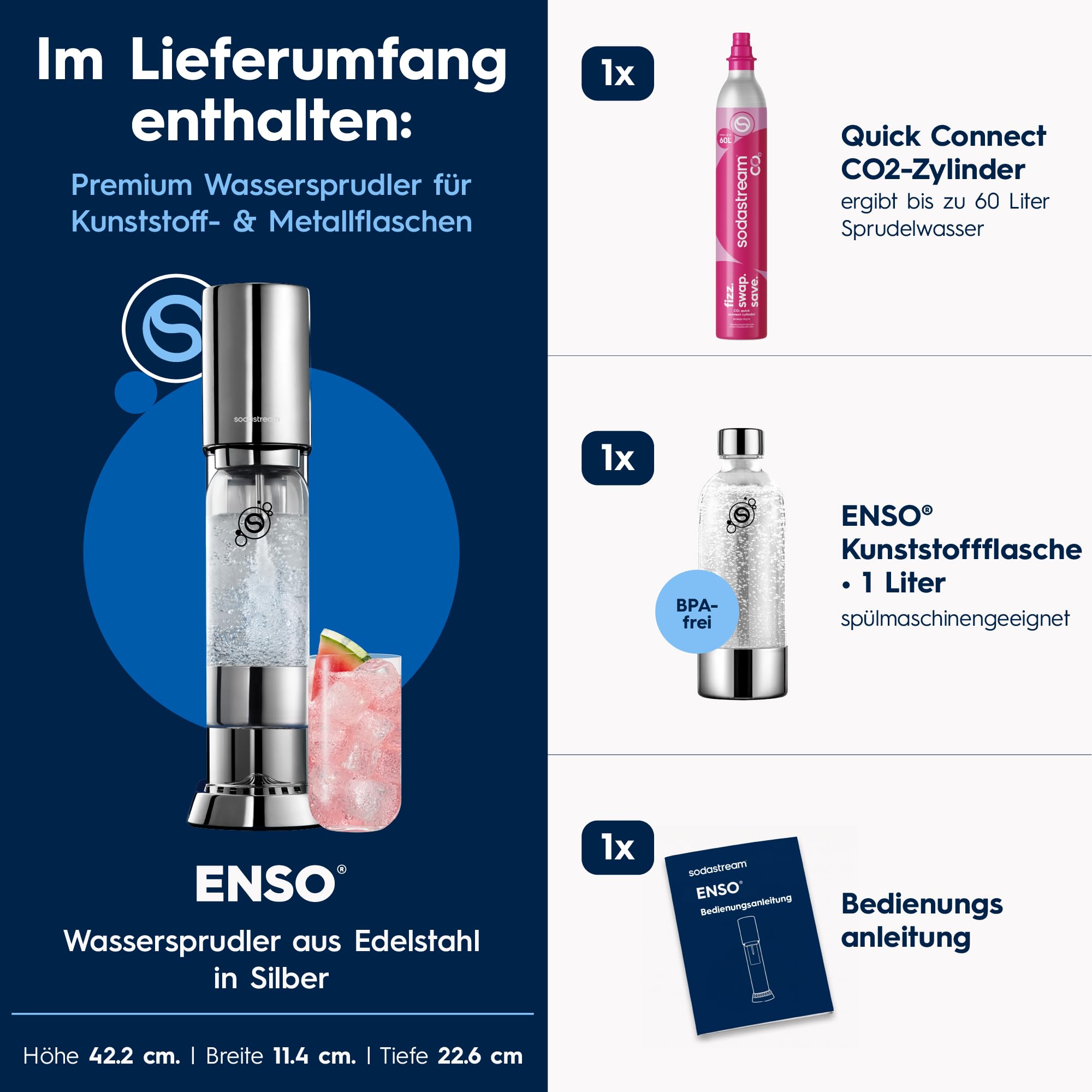 Sodastream ENSO Wassersprudler, Edelstahl Wassersprudler mit Quick Connect CO2-System, inkl. 1 CO2-Zylinder für bis zu 60L Sprudelwasser und 1 ENSO Sprudlerflasche, Sprudelwasser Maschine, Silber
