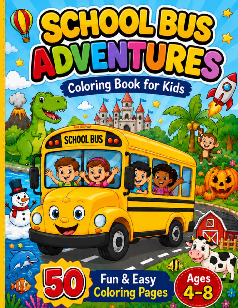 School Bus Adventures Coloring Book for Kids: 50 Fun & Easy Adventure Coloring Pages for Boys & Girls Ages 4–8