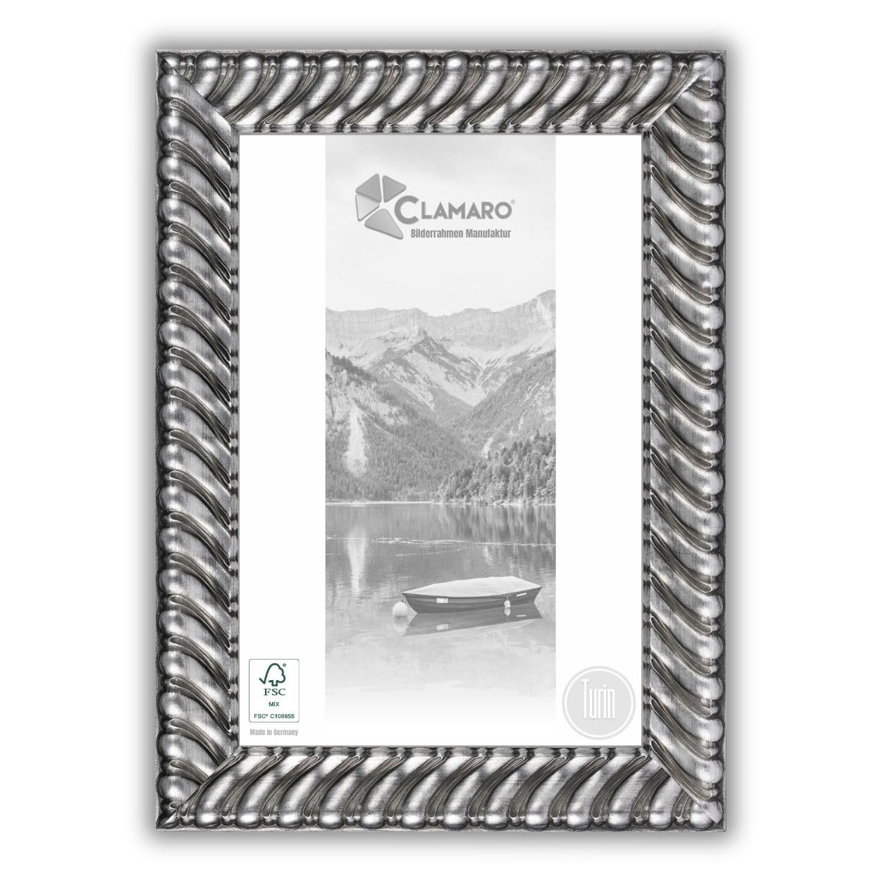 CLAMARO 'Turin' ramka na zdjęcia w stylu antycznym 35 x 45 z litego drewna | srebrna | szerokość 78 mm Shabby Chic Vintage barokowa listwa | drewniana rama w zestawie szkło akrylowe, tylna ścianka