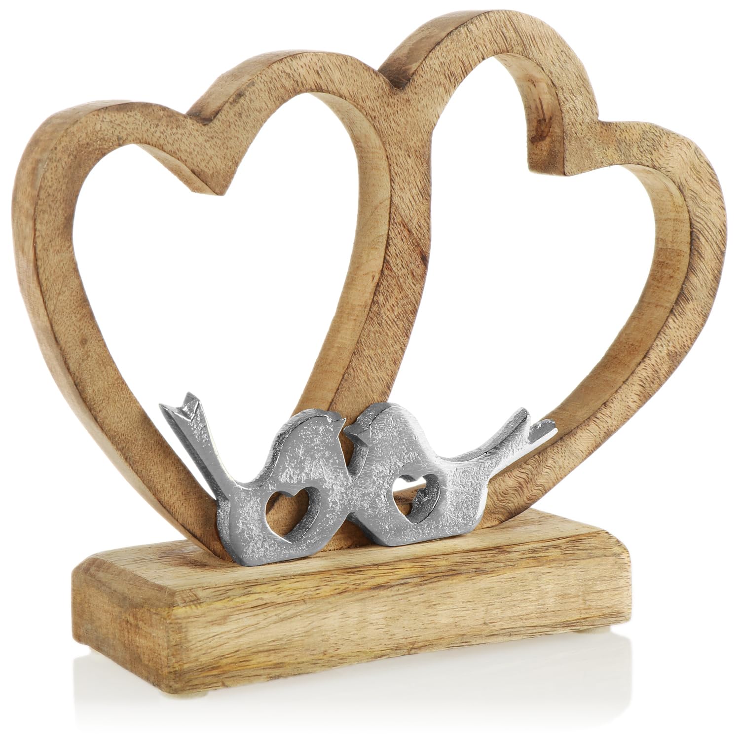 com-four® decorative display heart - wooden heart on a wooden base - decorative wooden heart with 2 metal birds to put on - heart decoration to give away (Wooden heart with birds)