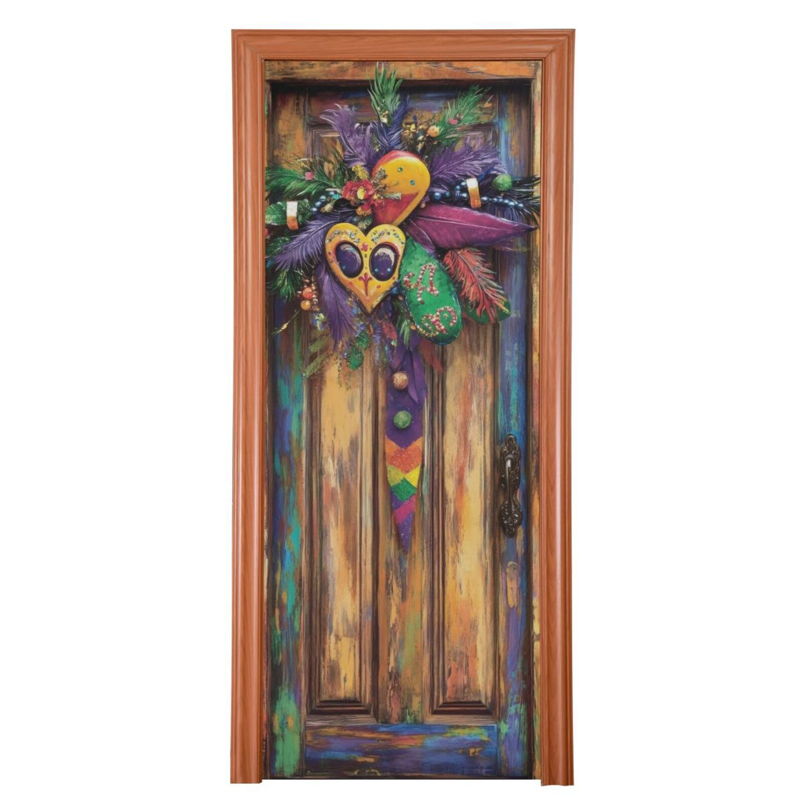 FLildon Wooden Door Mardi Gras Theme Door Cover Decoration, Party Accessory Porch Decor for Festive Ornament Room Door Covers 32 x 79 Inch