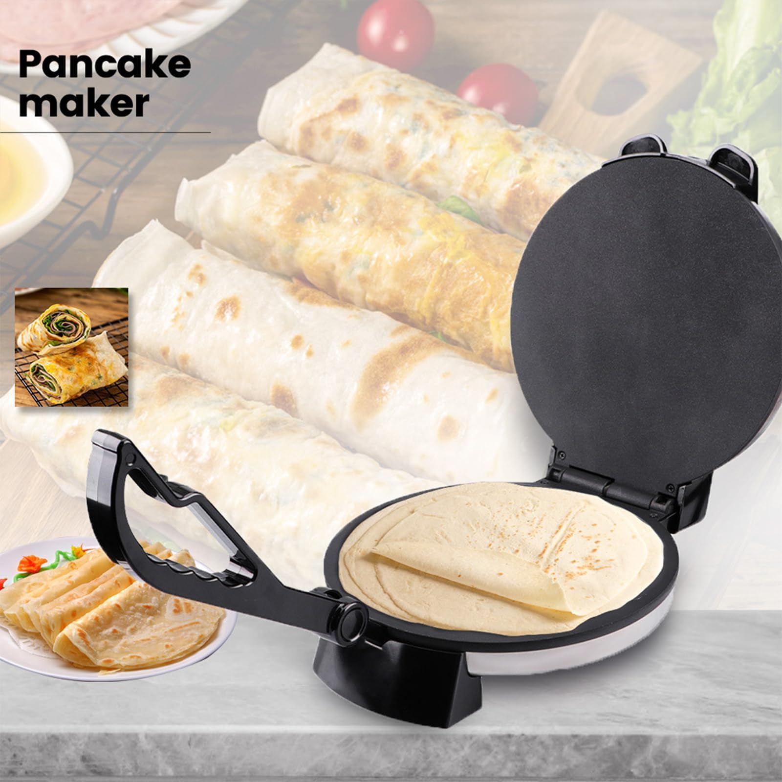 Eléctrica Roti Maker, 1500 W, bandeja antiadherente para hornear, temperatura ajustable, calefacción de doble cara, ideal para chapati, panqueques, crepes, pizza, pita