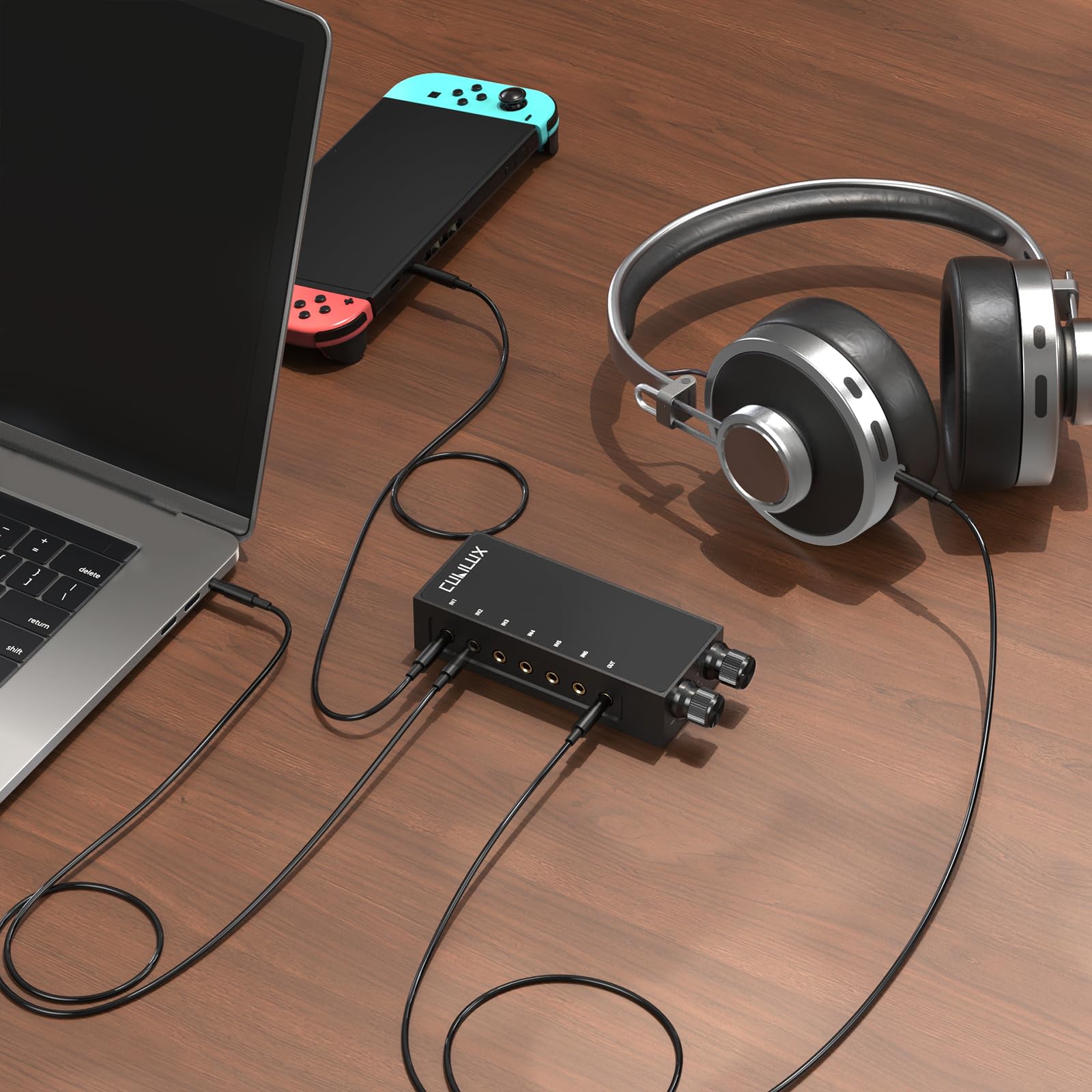 Cubilux Przełącznik audio stereo 3,5 mm 6 w 1 z regulacją głośności i wyciszeniem, 6 wejść na 1 wyjście audio do słuchawek, głośników, laptopa, komputera, smartfona i tabletu
