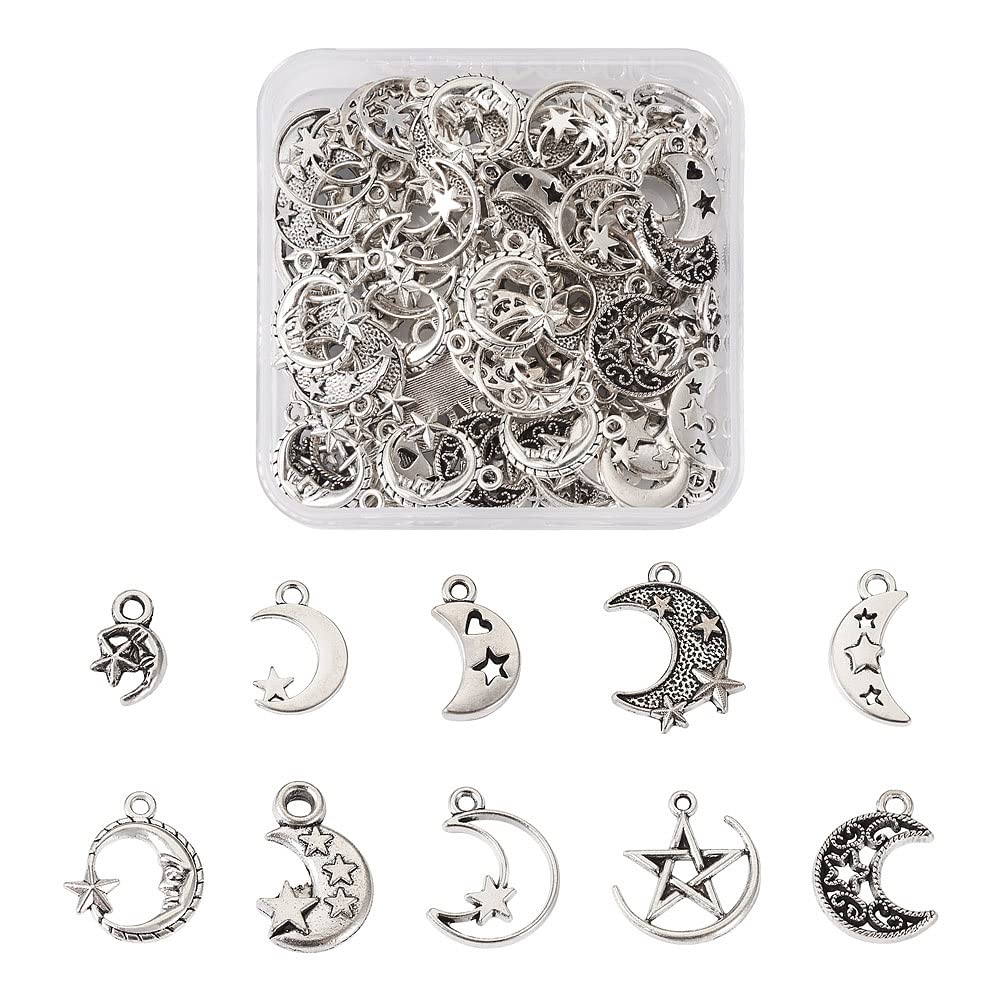 Pandahall 100Pcs Antique Silver Moon Star Charm Pendants - Tibetan Style Alloy Crescent Celestial Dangle for Earring Necklace Bracelet Jewelry Making