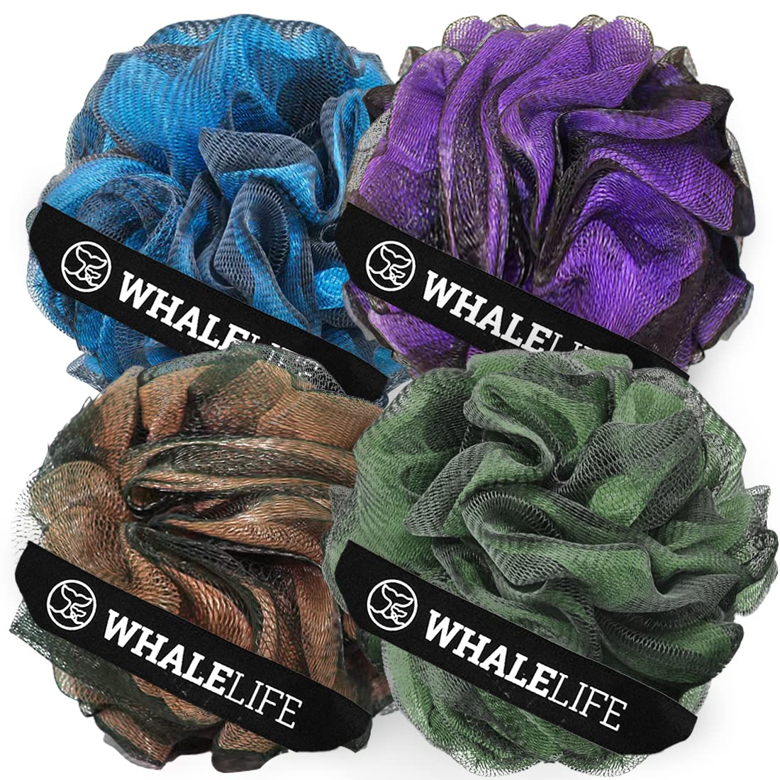 WhaleLife Loofah Bath Sponges - Gentle Exfoliating Shower Loofah for Rich Lather, Durable Matte Mesh Body Scrubber for Men & Women 4 Pack