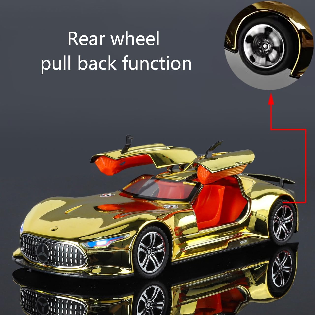 Toy Car Model 1/24 Gloden AMG Vision GT Alloy Collectible Vehicle Pull Back Die-Cast with Lights and Sound