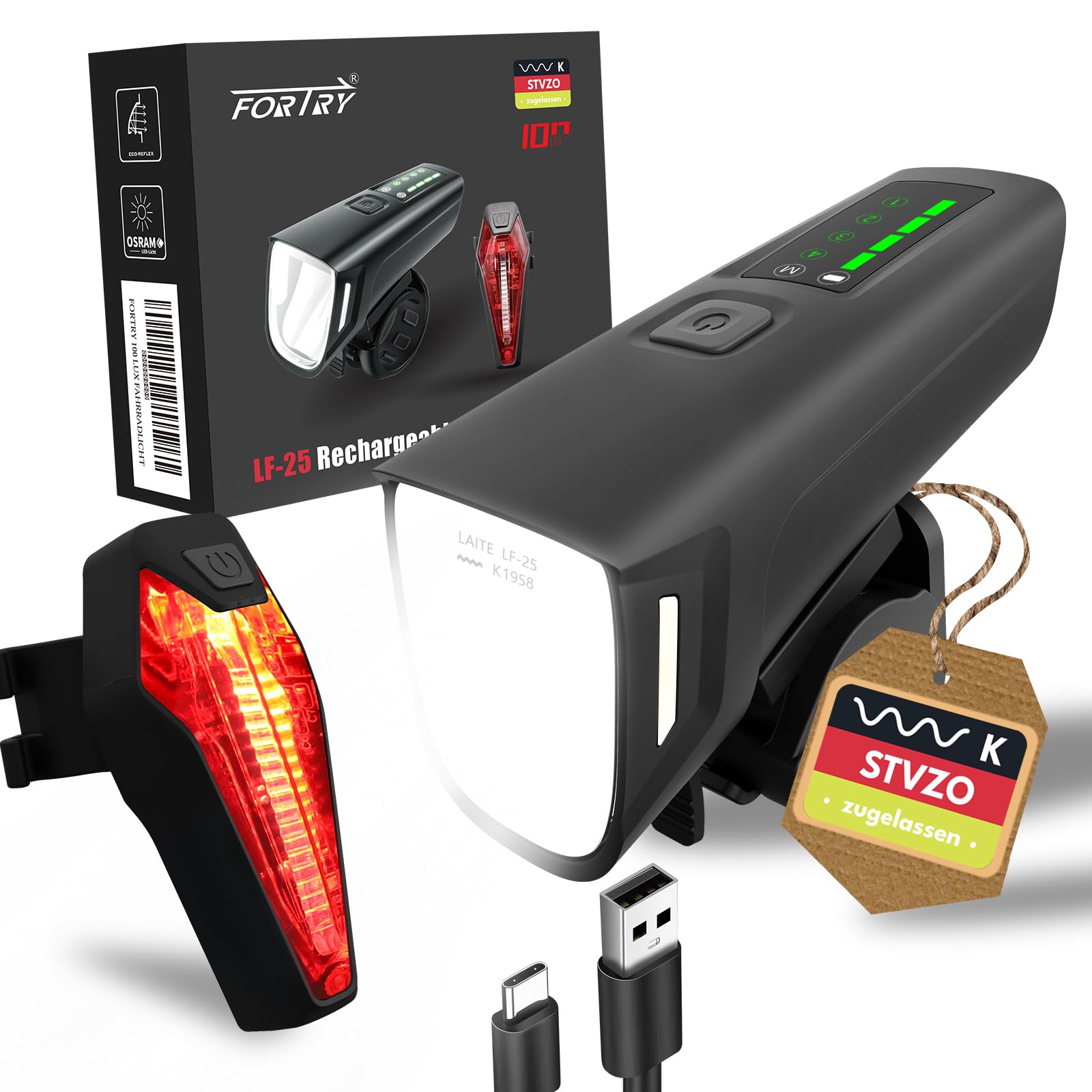 FORTRY Fahrradlicht Set,StVZO Zertifizierte Fahrradbeleuchtung,USB Typ C Aufladung Fahrrad Lichter Led Set,IPX5 Wasserdichter Fahrradlicht Vorne+Rücklicht
