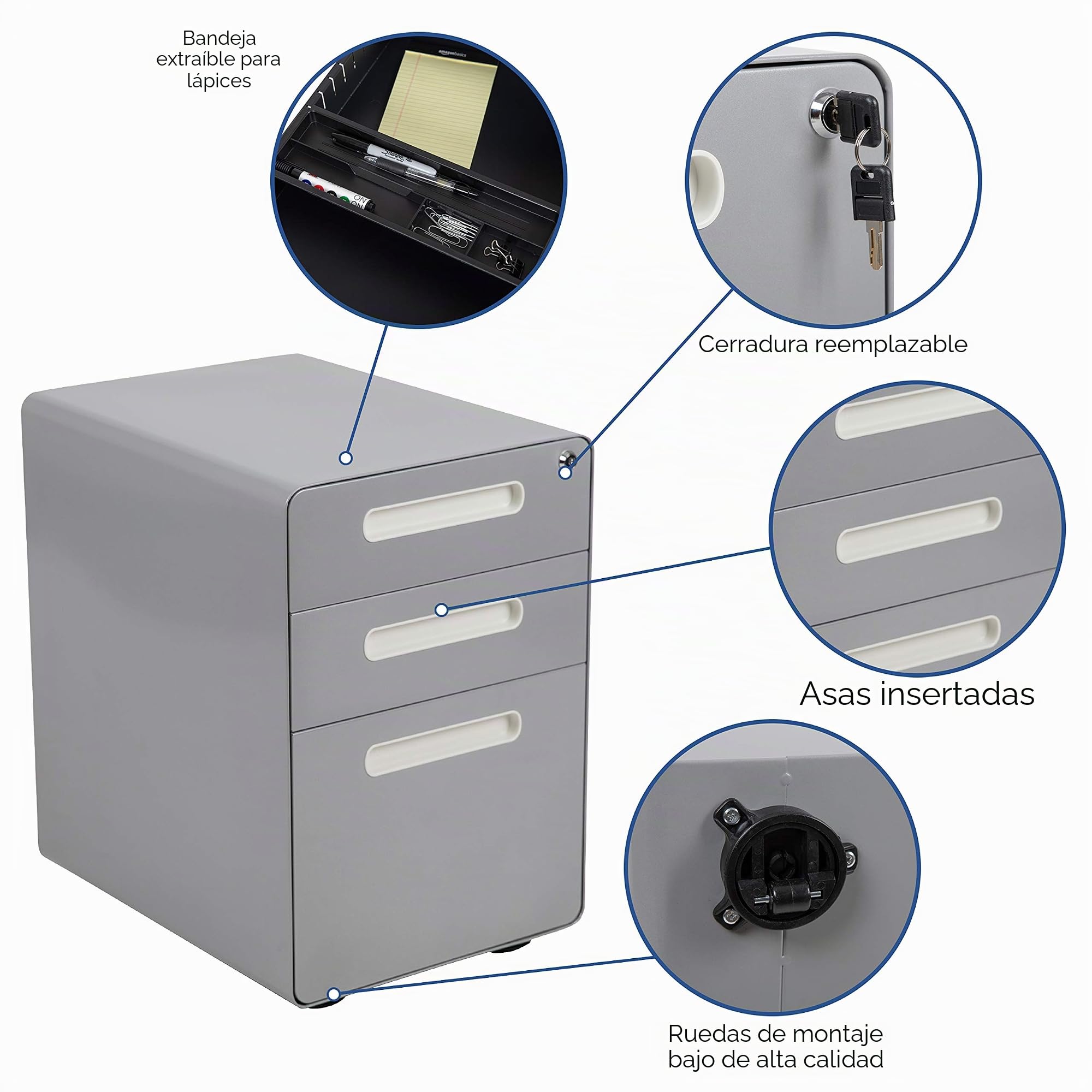 Flash Furniture WREN - Archivador ergonómico de 3 cajones con Mecanismo antibalancín, cajón Colgante para Bandeja Derecha y Cartas, Color Gris