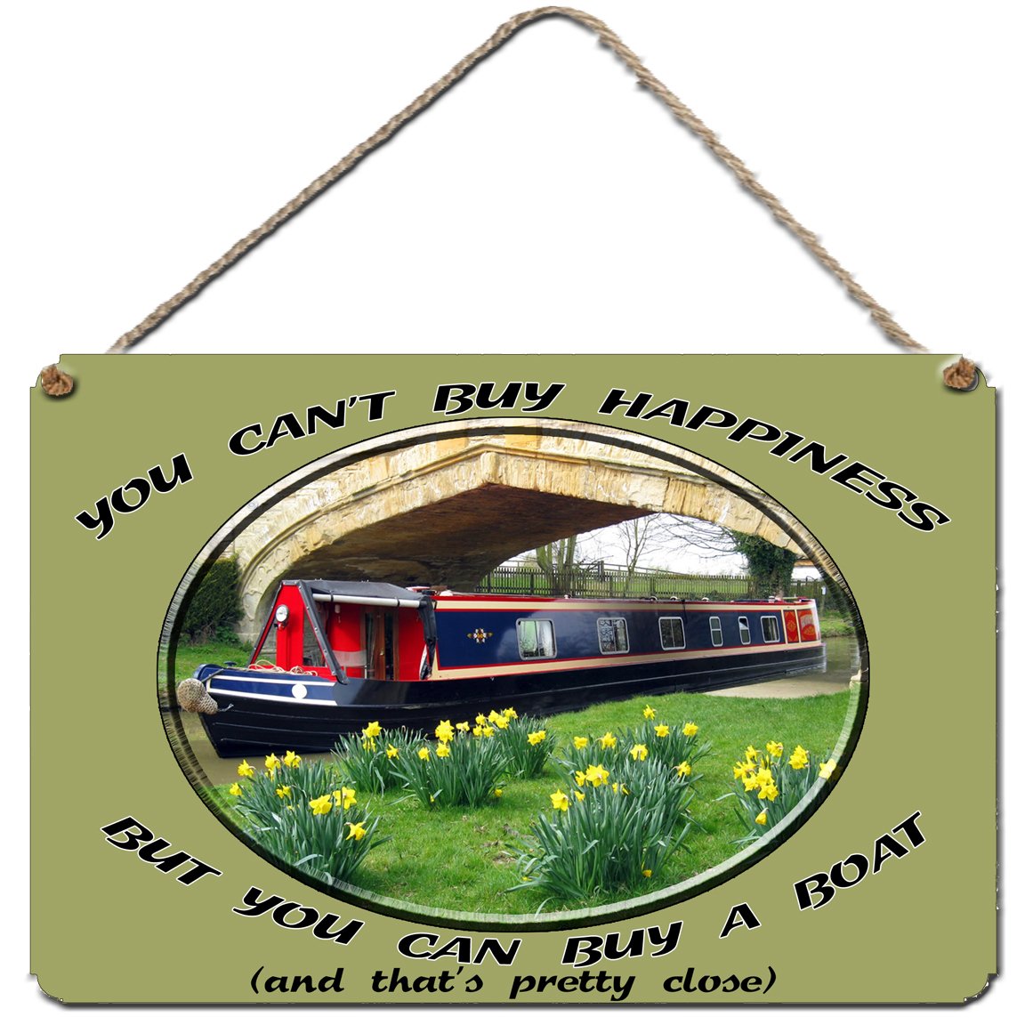 Kazmugz Narrow Boat Hanging Wall Plaque You Can't Buy Happiness But You Can Buy A Boat. 28X19cm Hanging Metal Sign. Canal Boat, Narrow Boat, Barge Wall Plaque.