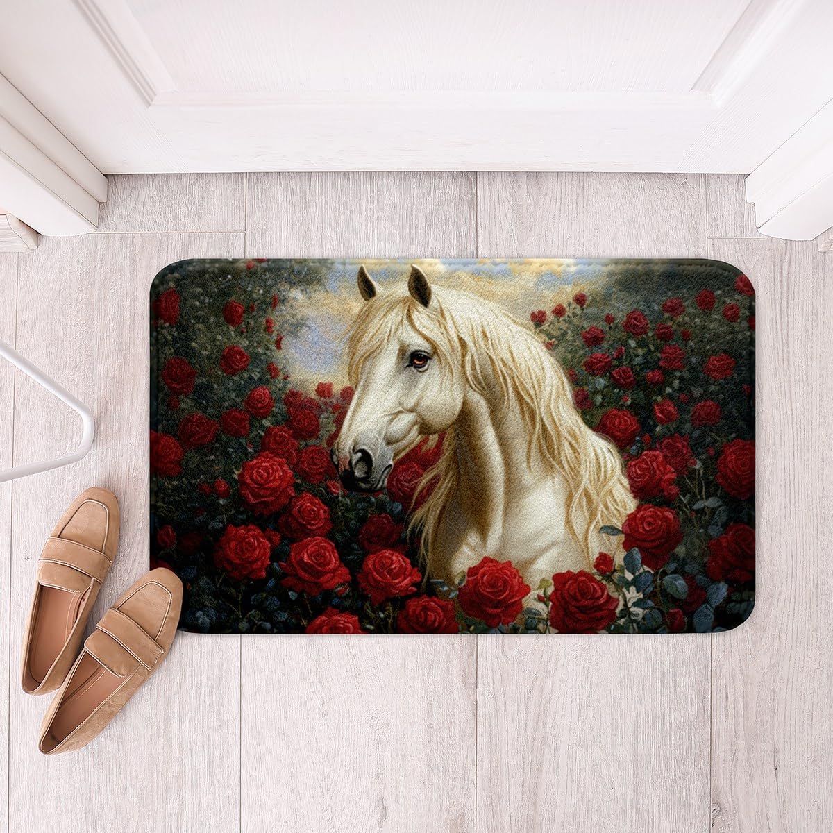 jejeloiu Horse Polyester Bath Rug Galloping Horse Soft Fleece Door Carpet for Kids Boys Girls Red Rose Horse Non Slip Bath Mat White Horse Bathroom