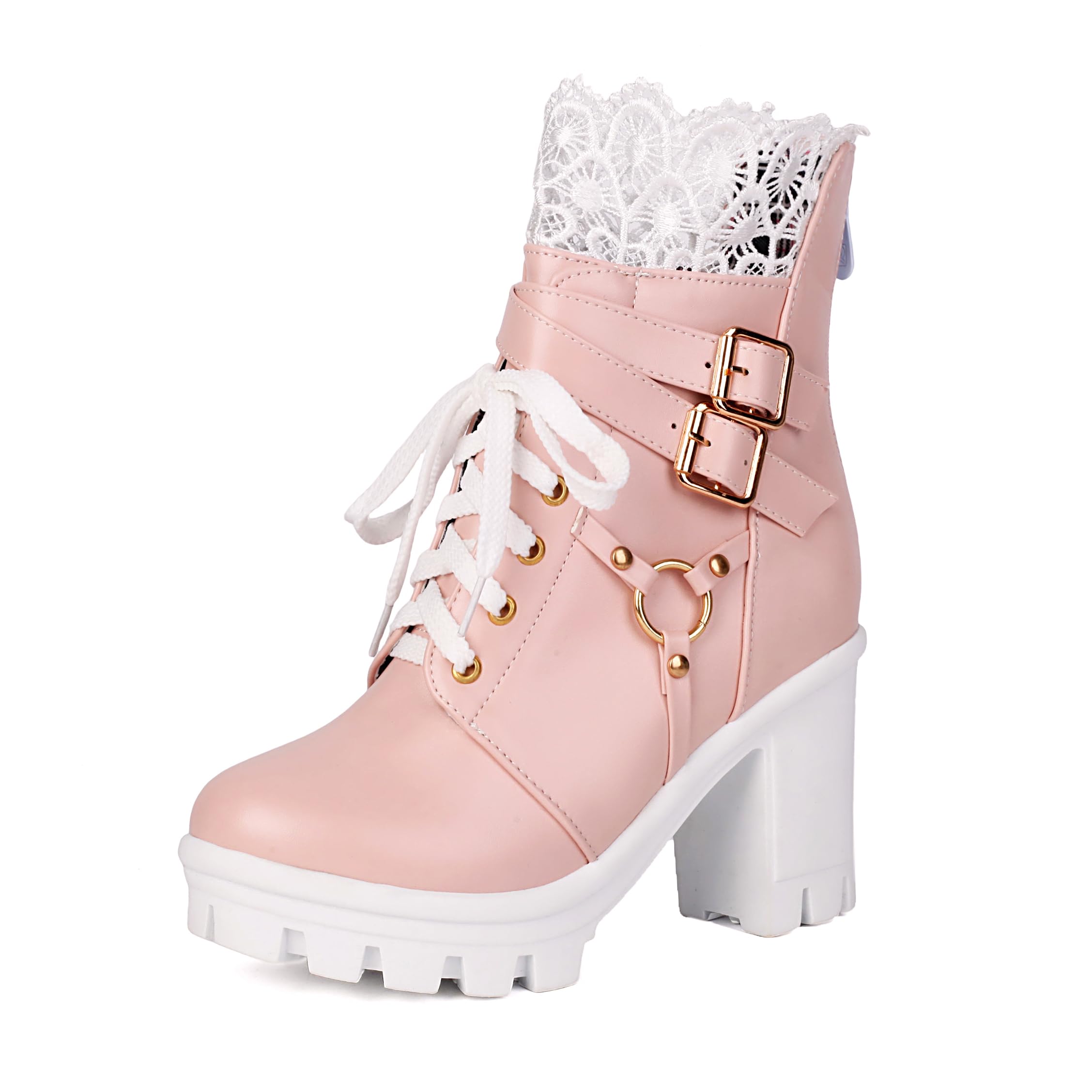 BEAUPAS Women's Gothic Combat Boots Lace Up Platform Ankle Boots with Buckles Chunky High Heel