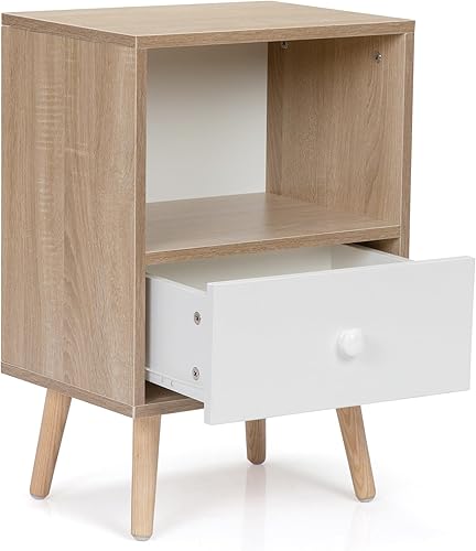 Miniatura 6 de Juego de 2 mesitas de noche de madera Mid-Century con cajón y estante abierto para sala de estar, dormitorio, oficina (natural)