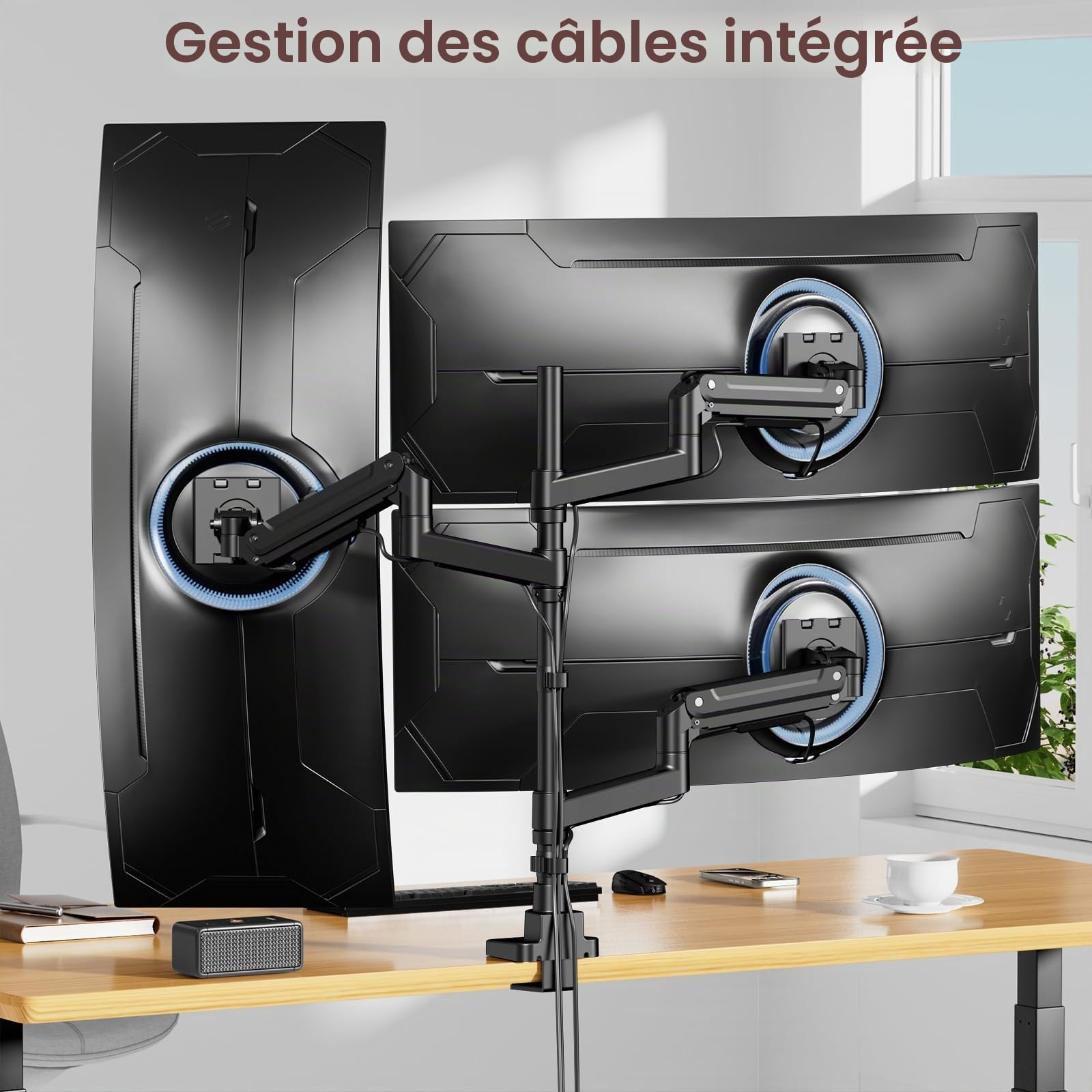 PUTORSEN Support 3 Ecran PC pour Écran de 17 à 49 Pouces, Support Triple Ecran, Capacité de Poids de 20kg par Bras, Support d'écran Pivotant et Inclinable, Support Ecran PC 3 Ecran, VESA 75/100 mm
