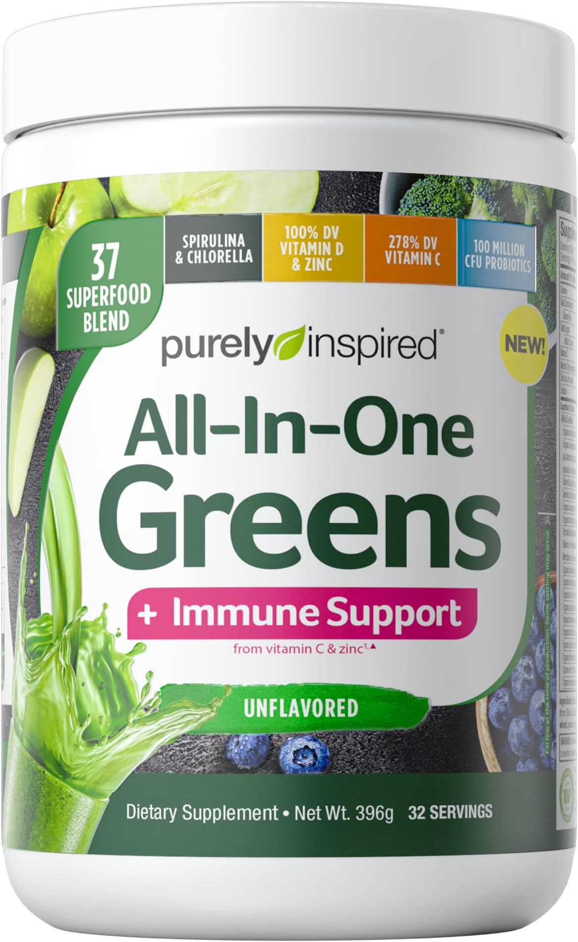 All In One Greens + Immune Support | Purely Inspired Greens Superfood Powder | Vitamin C & Zinc for Immune Support | Probiotics | 37 Superfood Blend | Soy, Gluten and Dairy Free (32 Servings)