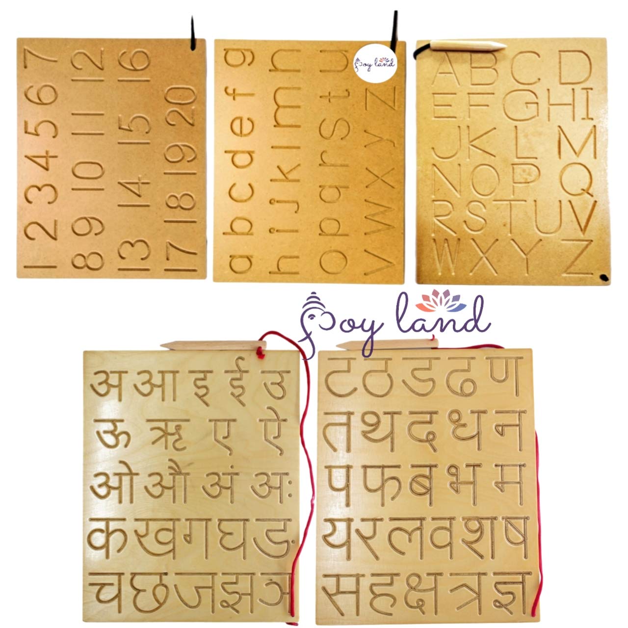 Joy Land Combo Of Capital And Small Alphabet And Numbers With Hindi Varnmala Writing Practice Wooden Tracing Boards Educational Toys For Kids With Dummy Pencil | Smart Kids | Knowledge for Kids | Letter Educational -(3 To 6)-Set Of 5