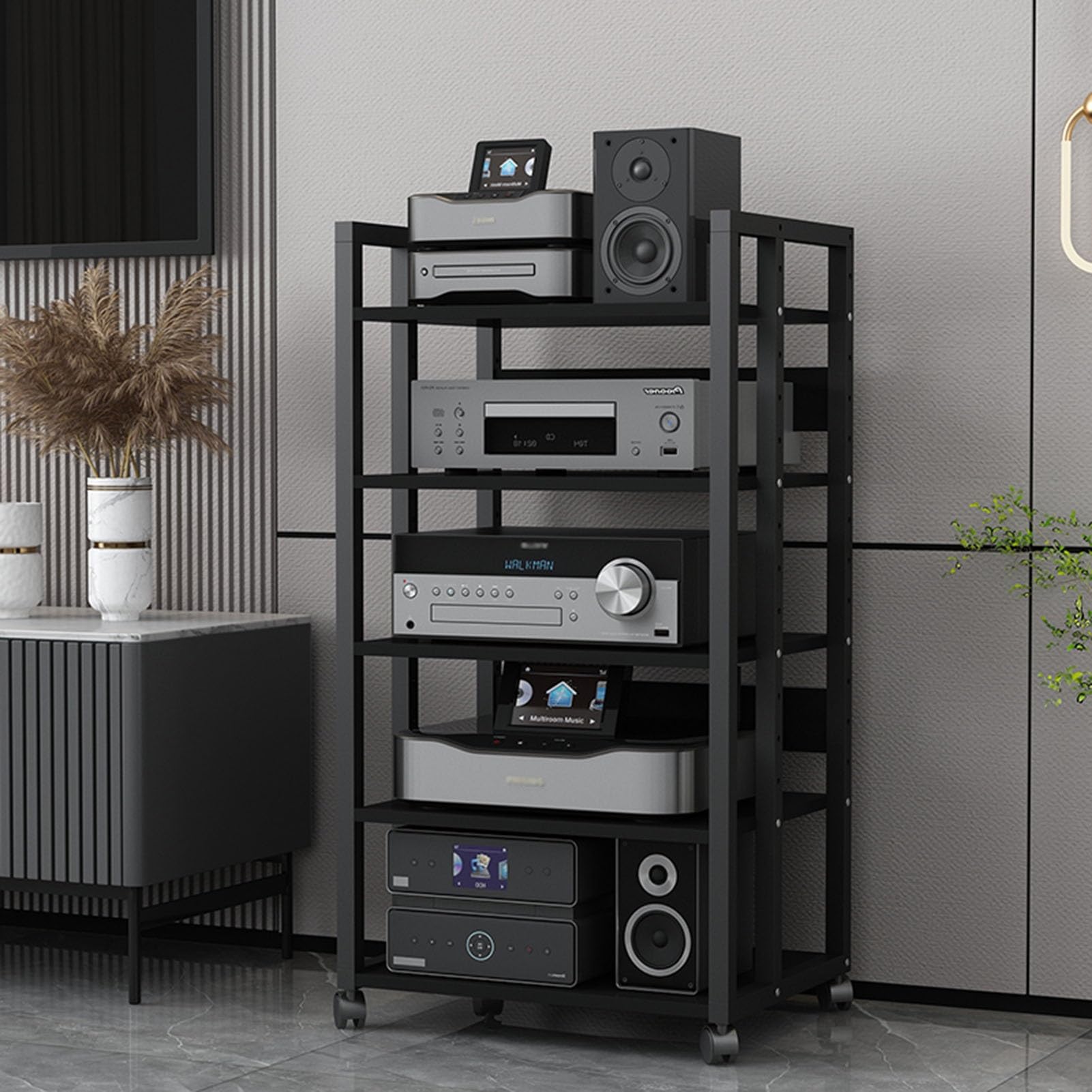 Support audio réglable à 5 niveaux en bois pour équipement audiovisuel et lecteur CD