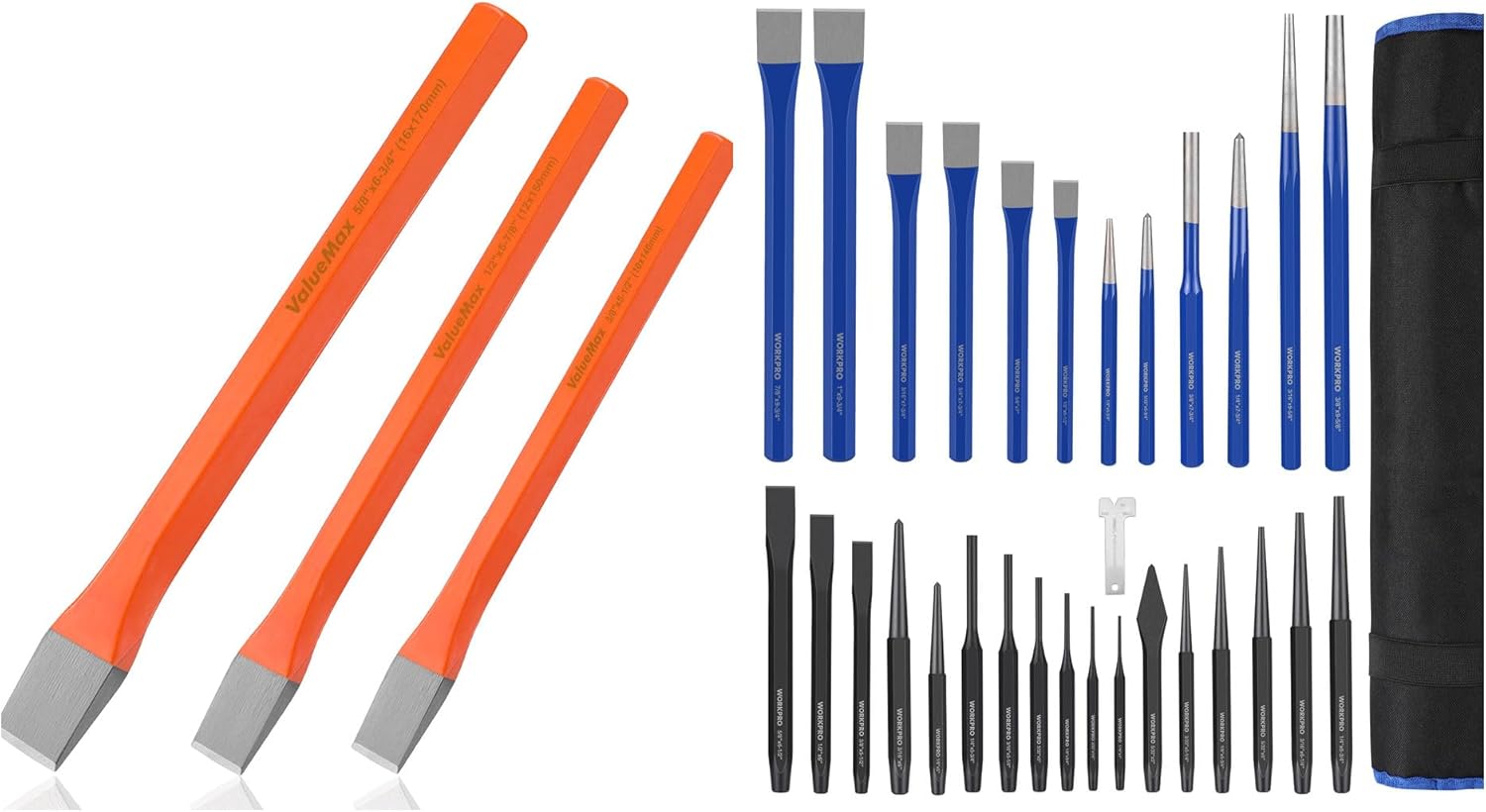 ValueMax 3-Piece Heavy Duty Cold Chisel Set, WORKPRO 30 PCS Heavy Duty Punch and Chisel Set with Roll Pouch