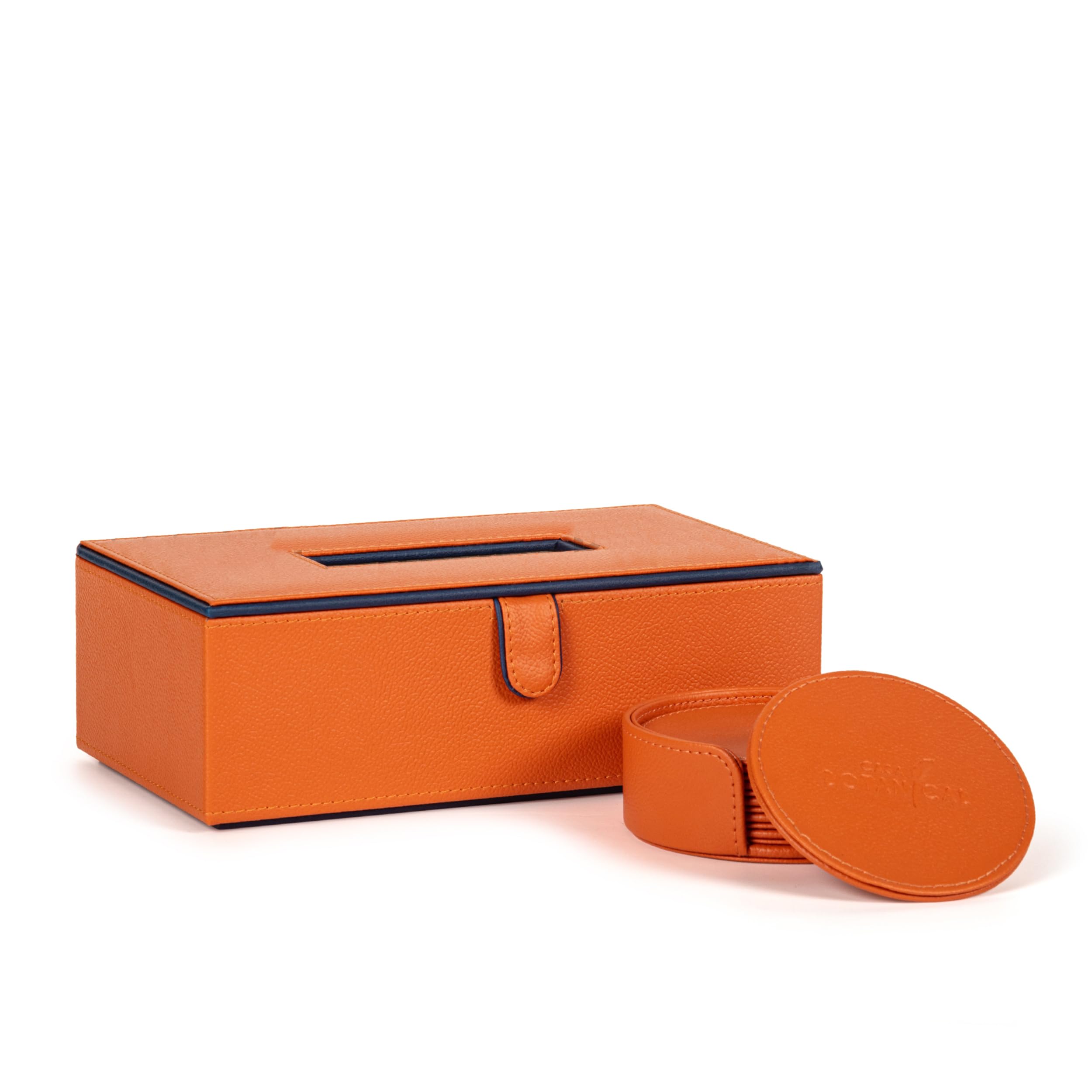 2.CASA BOTANICAL Leather Car Tissue Box & Tea Coasters Combo - Set of 2 (Orange) | Napkin Holder & Tissue Dispenser for Cars, Office, Dining Room, Home Decor