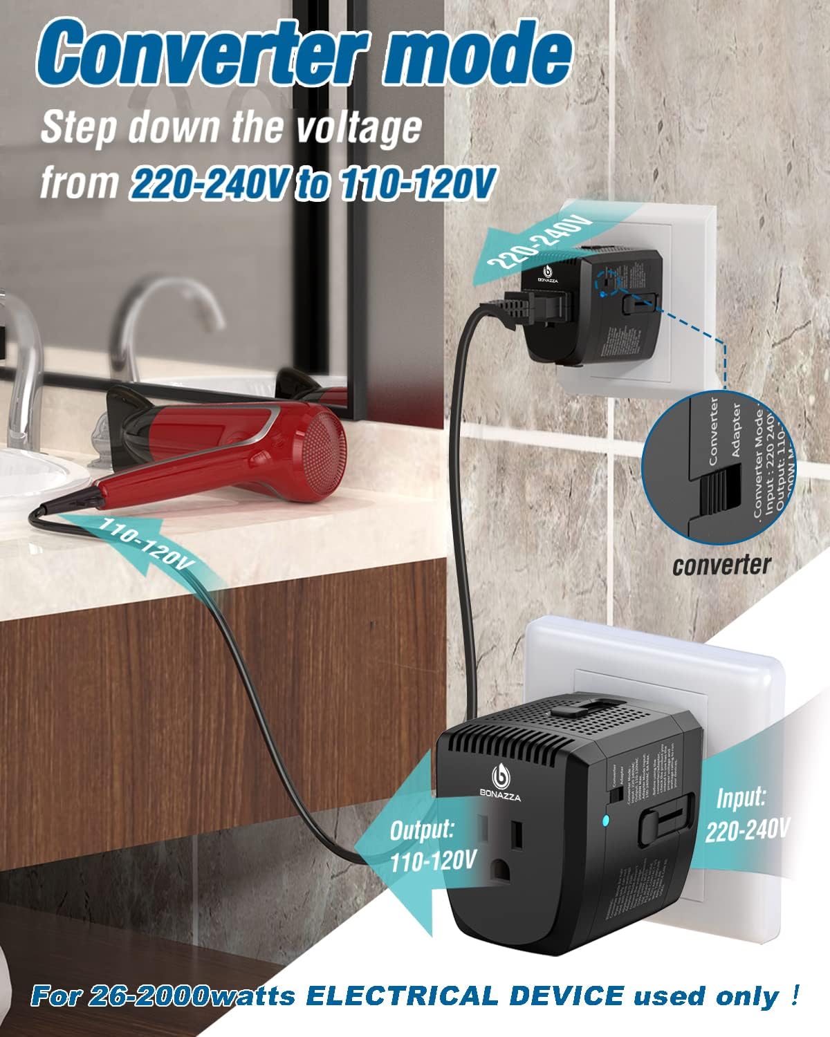 2000W Travel Adapter and Converter Combo - Power Converter for US to UK, Europe, and 150+ Countries - Compact Design for International Travel (Black)
