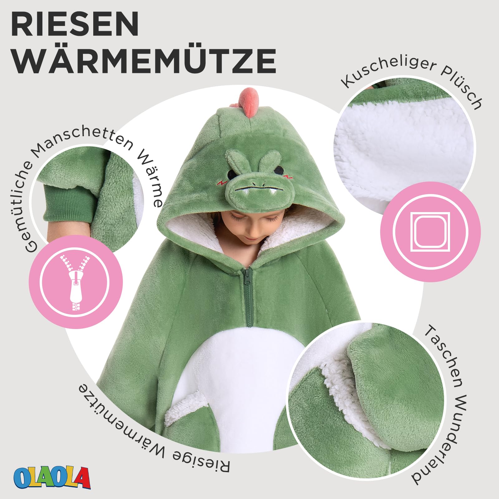 OLAOLA Dinosaurier Decken-Hoodie für Kinder, Weiche Kuscheldecke Unisex | Cooles Dinosaurier-Motiv für Kinder. Extra warme und kuschelige Decke mit Kapuze, das ideale Wintergeschenk für Kinder.