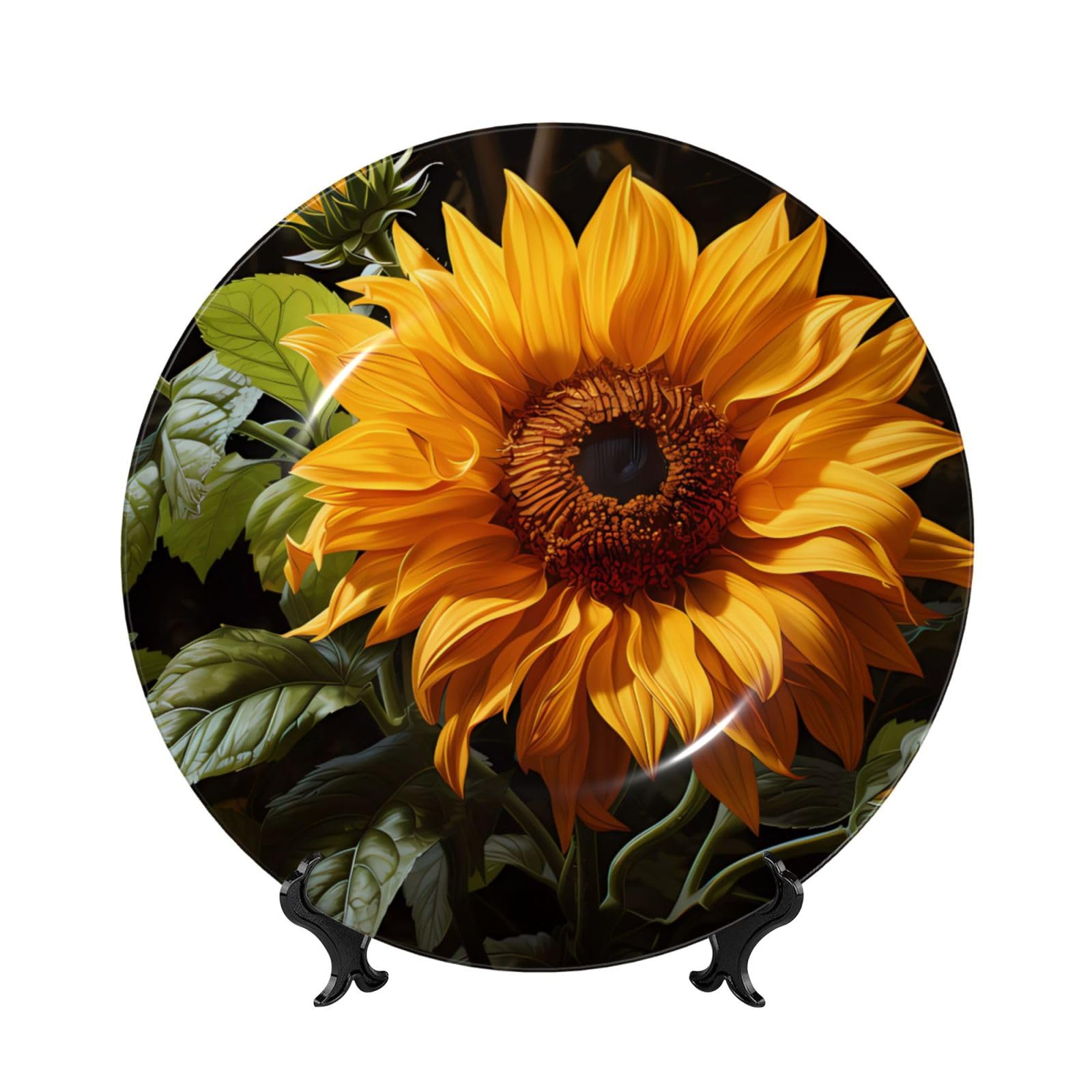 SXZVVBN yellow sunflower on a brown background Bone China Decorative Plate Art with Stand Removable Adhesive Hanging for Home Office 7in