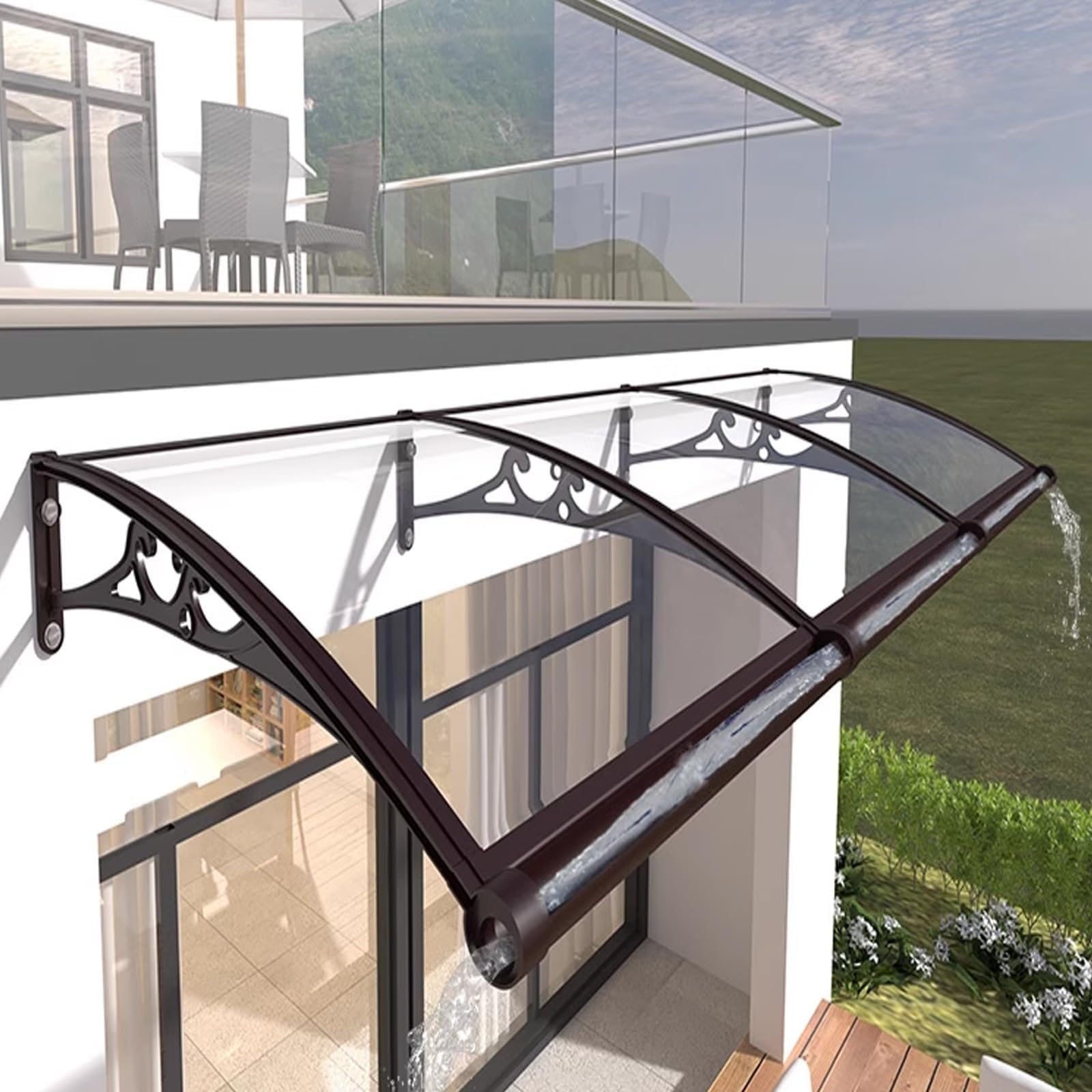 Toldo para puerta exterior, protección UV, cubierta de policarbonato, resistente a la corrosión, soporte de aluminio, protector de lluvia para puertas delanteras, 100 x 380 cm, refugio resistente a la