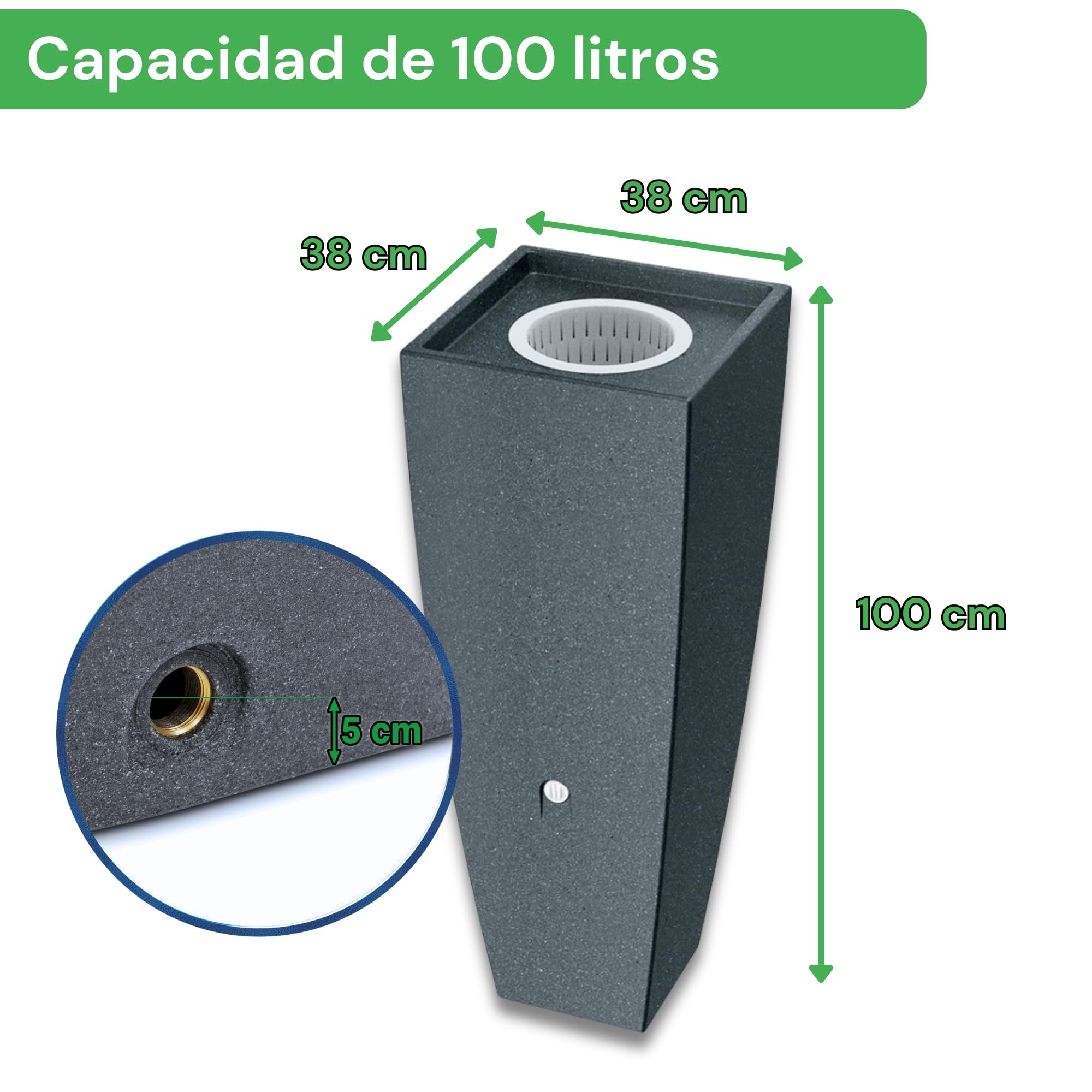 YourCasa PureFlow - Barril de Agua con Rosca de Metal y Cesta de Filtro, 100 L, de Plástico, Resistente a las Heladas, Depósito de Lluvia para Jardín