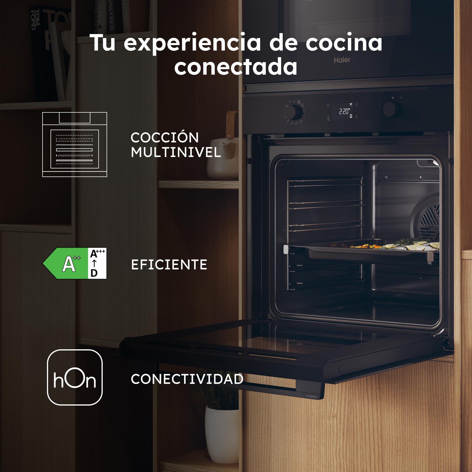 Haier ID Series 2 H6 ID2P5B3YTB - Horno Multifunción Pirolítico e Hidrolítico, Conectividad WIFI, 78L, Cocción multinivel, 12 Funciones, Display táctil y Mandos giratorios, Guía Telescópica, Negro