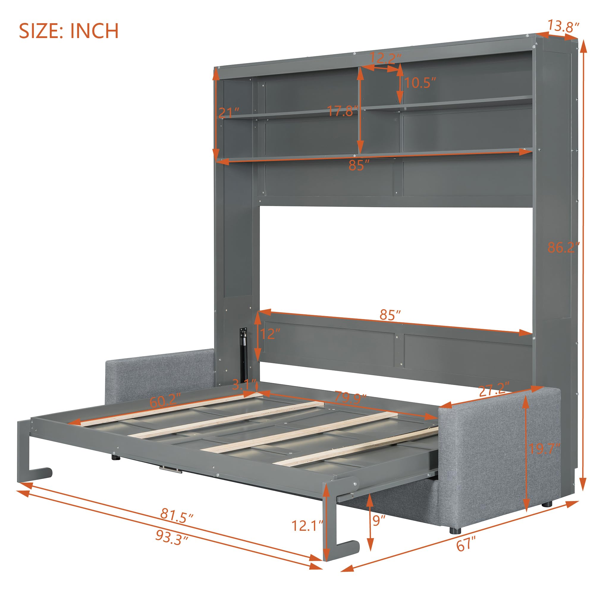 Detailed dimensions of the DERCASS Murphy Bed with Sofa in its open, bed configuration.