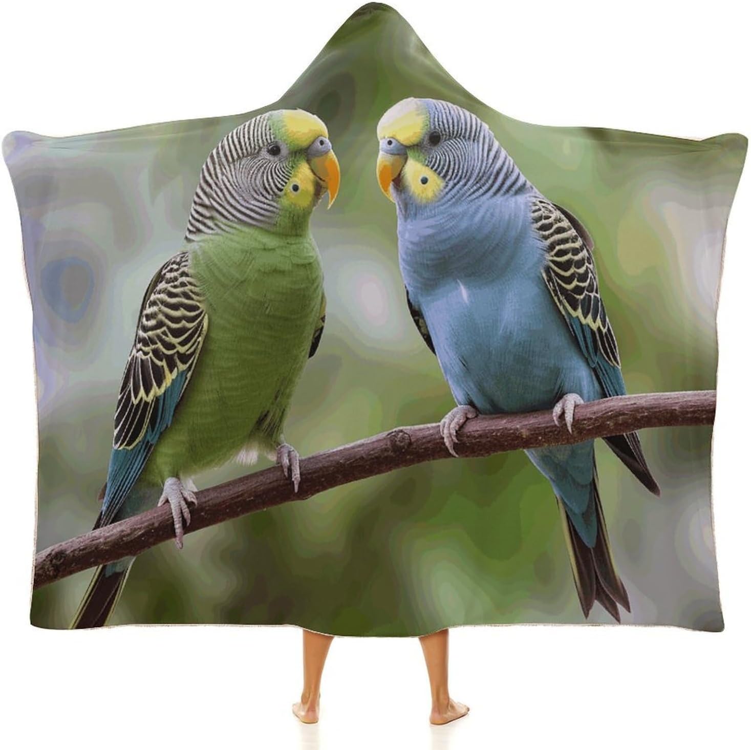 Blue And Green Parakeets Wearable Hooded Blanket, Ultra Soft Arctic Velvet Cape Cloak Unisex - Cozy Wearable Blanket